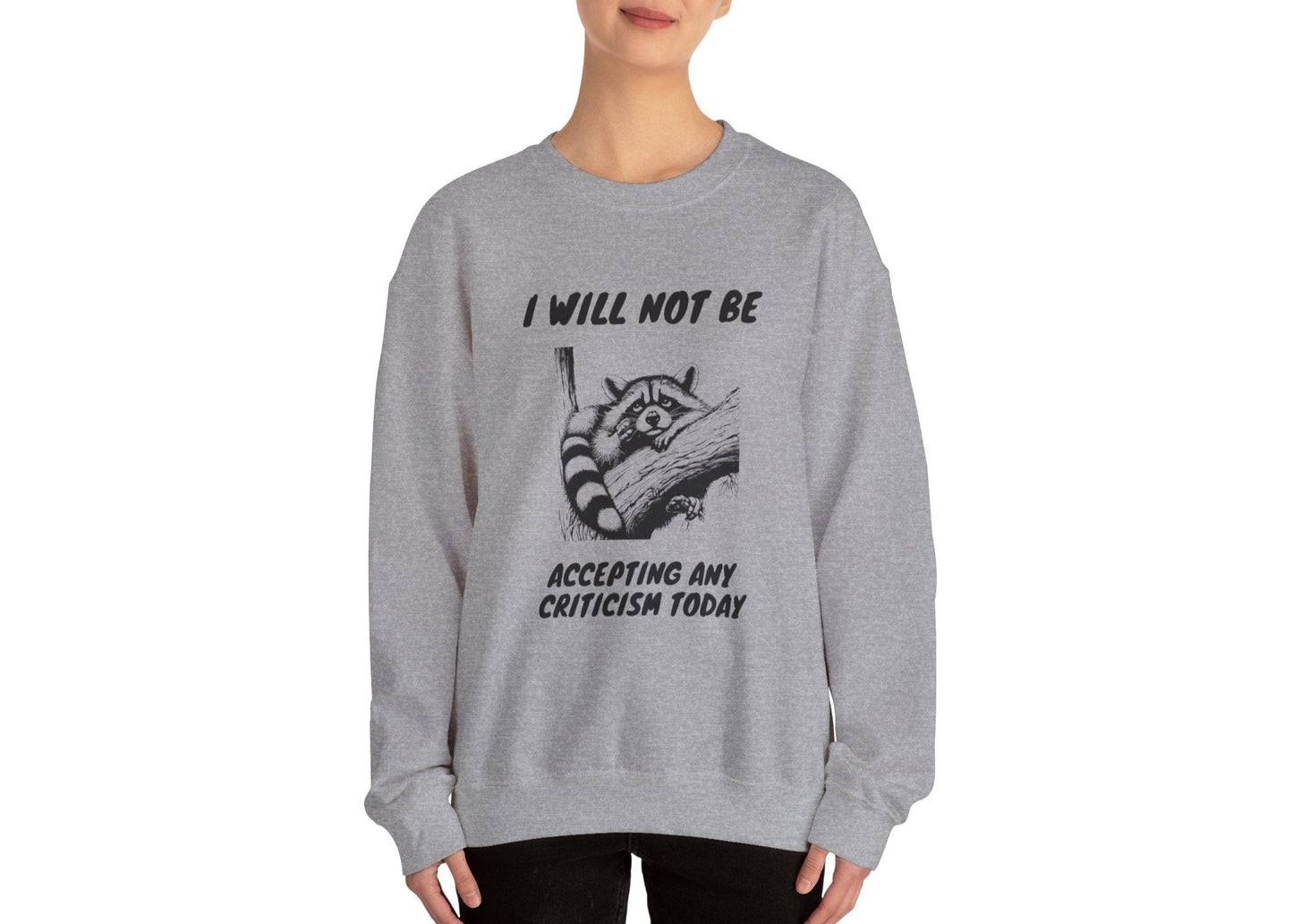 Model wearing a gray sweater jumper with the text "I Will Not Be Accepting Any Criticism Today" and a cartoon illustration of a hand with a raised finger. Part of the Vivid Divergence Sensory Friendly Unisex Sweater Jumper Range.
