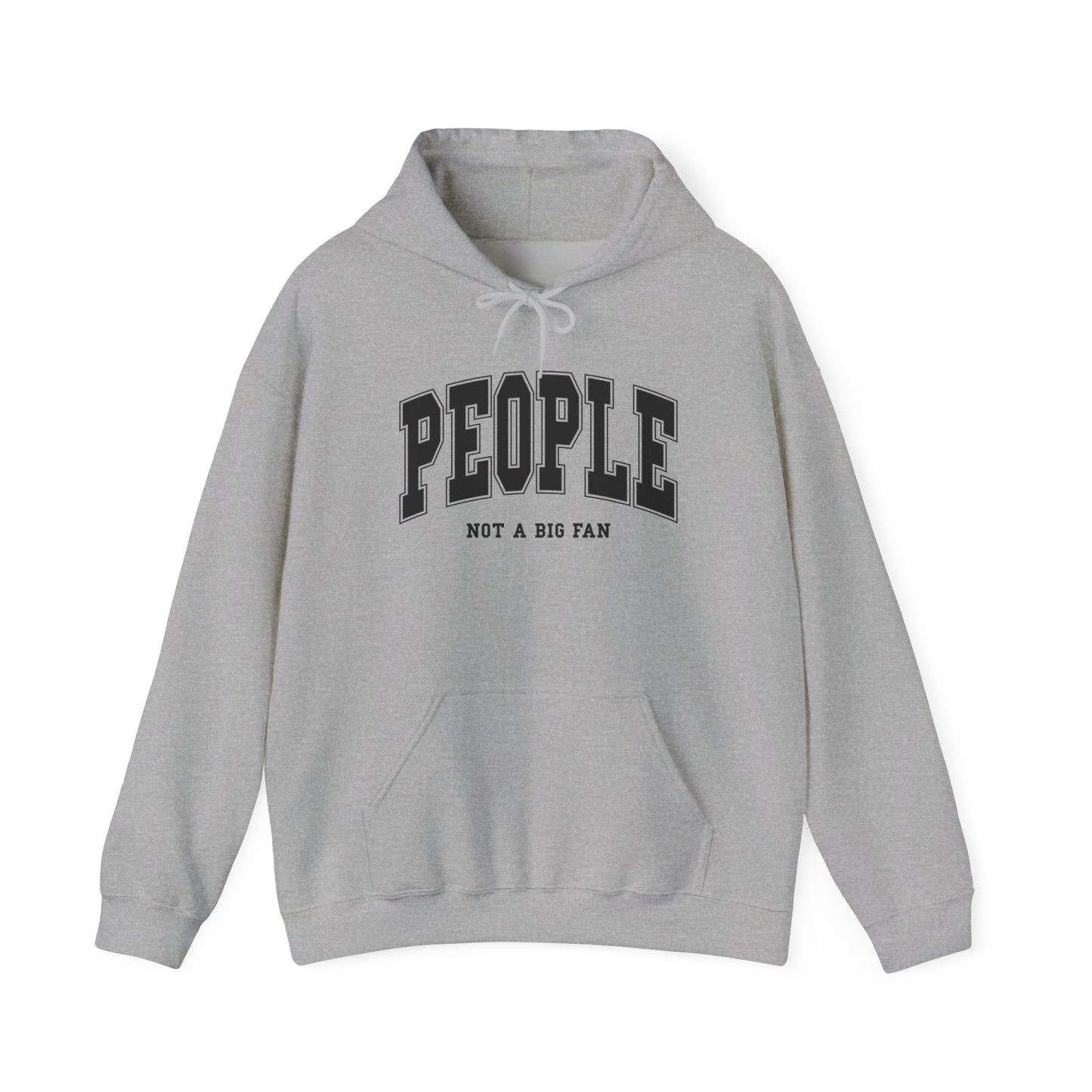 Front view of a gray hoodie featuring the text "People, Not a Big Fan" in bold collegiate-style black lettering. Part of the Vivid Divergence Sensory Friendly Unisex Hoodie Range.