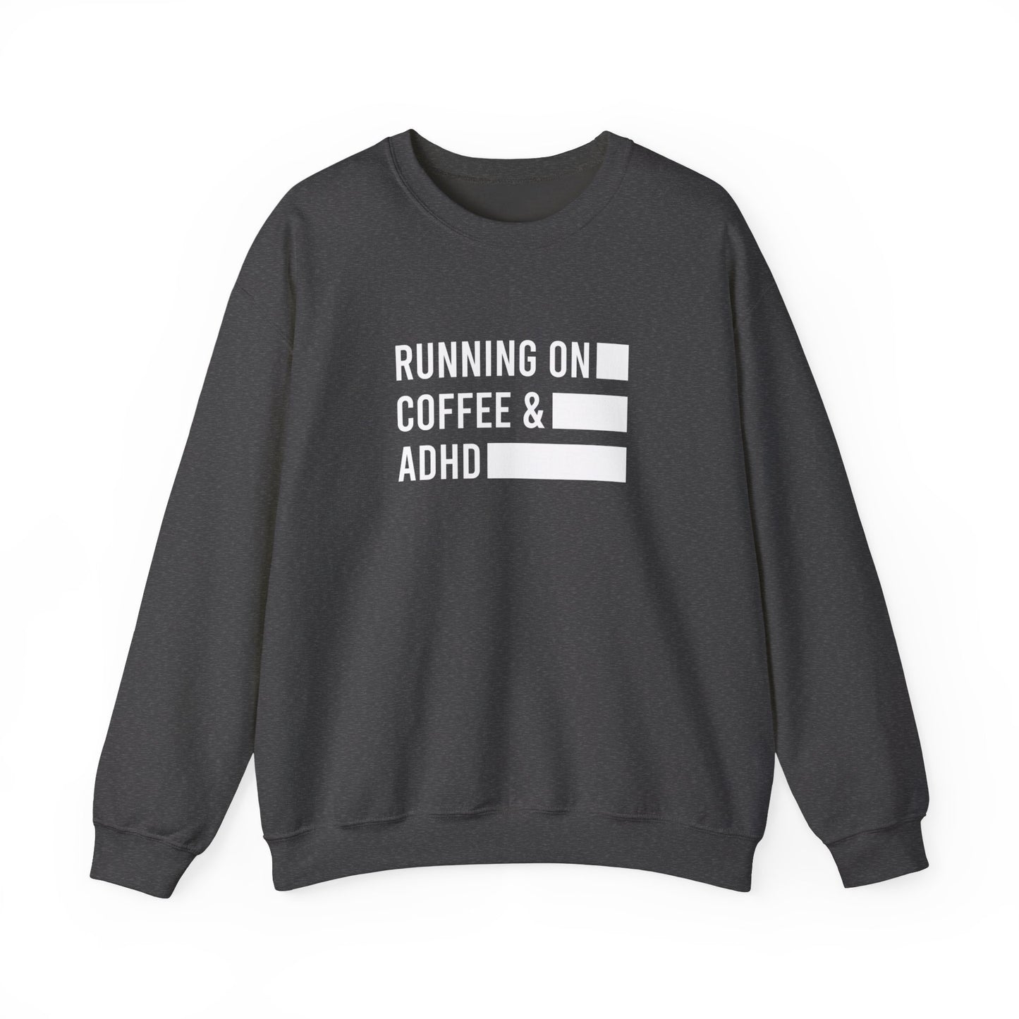 Front view of a gray sweater jumper with the text "Running on Coffee & ADHD" in bold white lettering and a battery graphic. Part of the Vivid Divergence Sensory Friendly Unisex Sweater Jumper Range.
