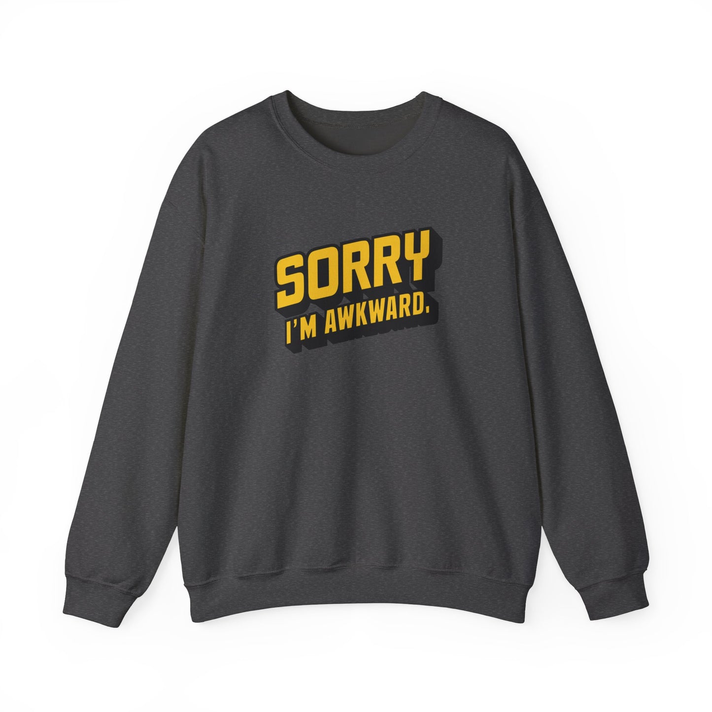Front view of a gray sweater jumper with the text "Sorry, I'm Awkward." in bold yellow lettering. Part of the Vivid Divergence Sensory Friendly Unisex Sweater Jumper Range.