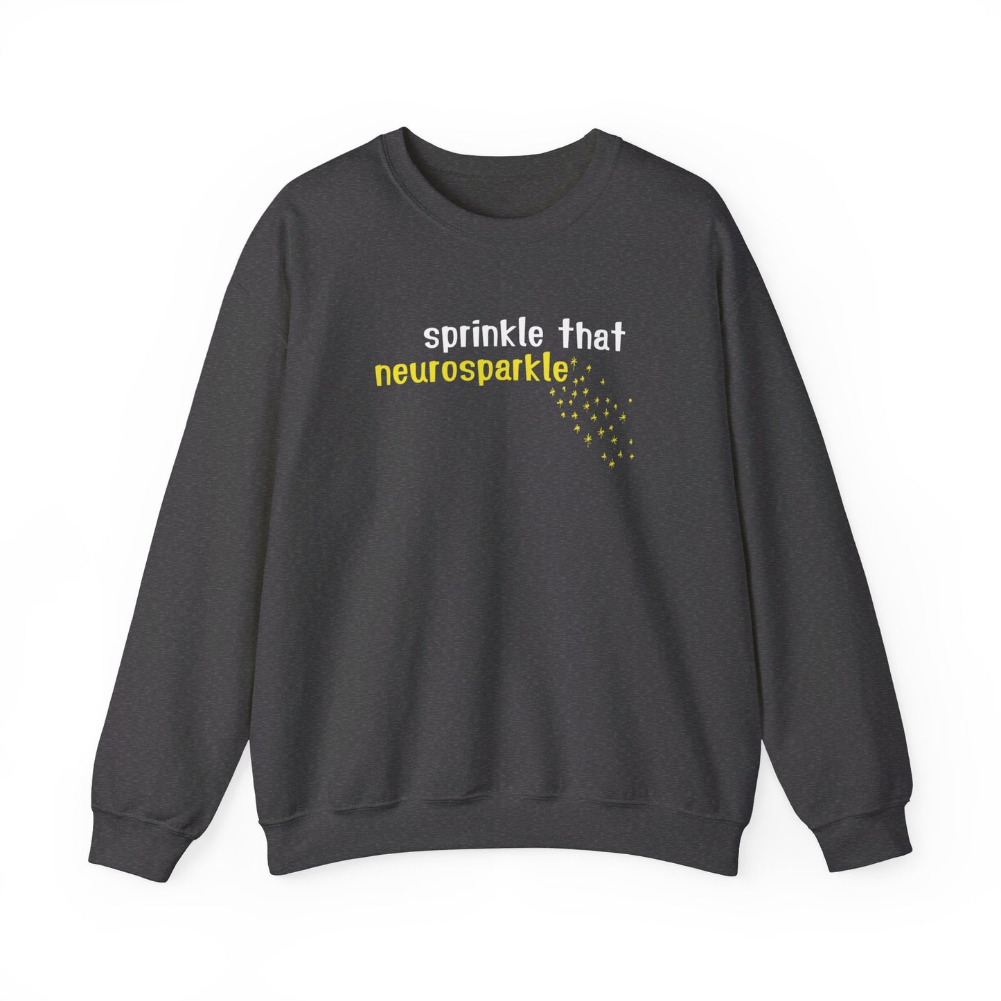 Front view of a gray sweater jumper with the text "Sprinkle That Neurosparkle" in yellow and white lettering, surrounded by sparkling star graphics. Part of the Vivid Divergence Sensory Friendly Unisex Sweater Jumper Range.