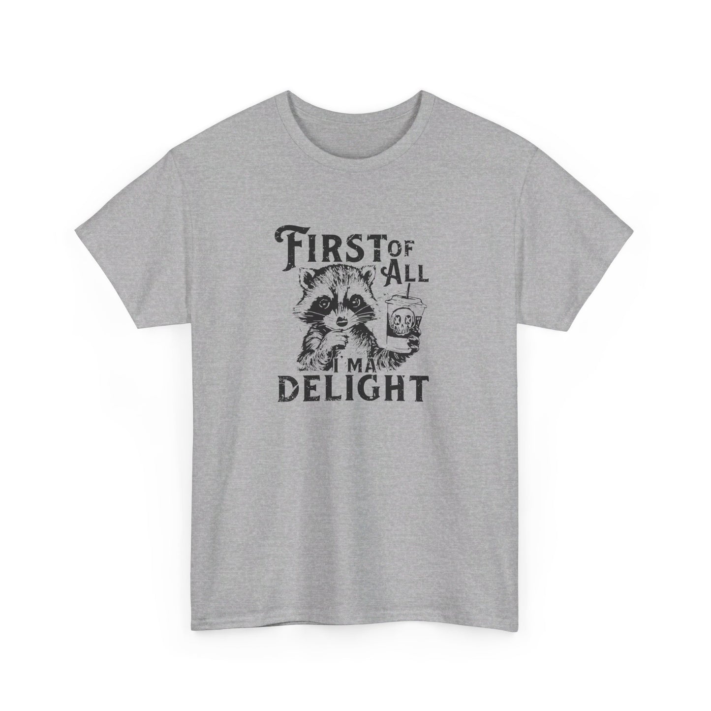 Front view of a gray T-shirt with "First of All Delight" text and graphic design. Part of the Vivid Divergence Sensory Friendly Unisex Tees Range.