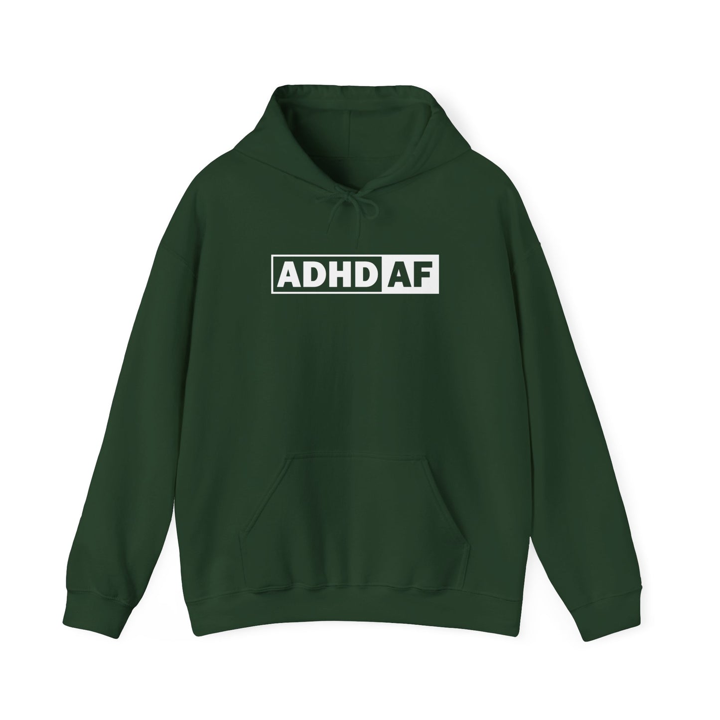 Front view of a green hoodie with the text "ADHD AF" in bold white lettering inside a rectangular border. Part of the Vivid Divergence Sensory Friendly Unisex Hoodie Range.