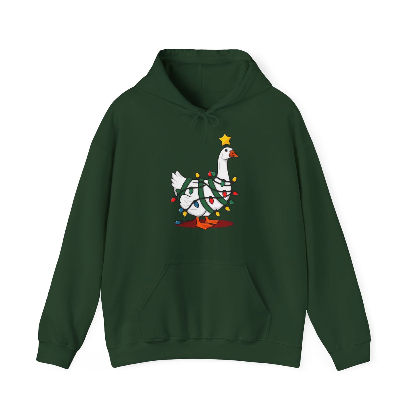 Front view of a green hoodie featuring a festive illustration of a goose wearing a Santa hat and stringing Christmas lights, with the text "Goose on the Loose." Part of the Vivid Divergence Sensory Friendly Unisex Hoodie Range.