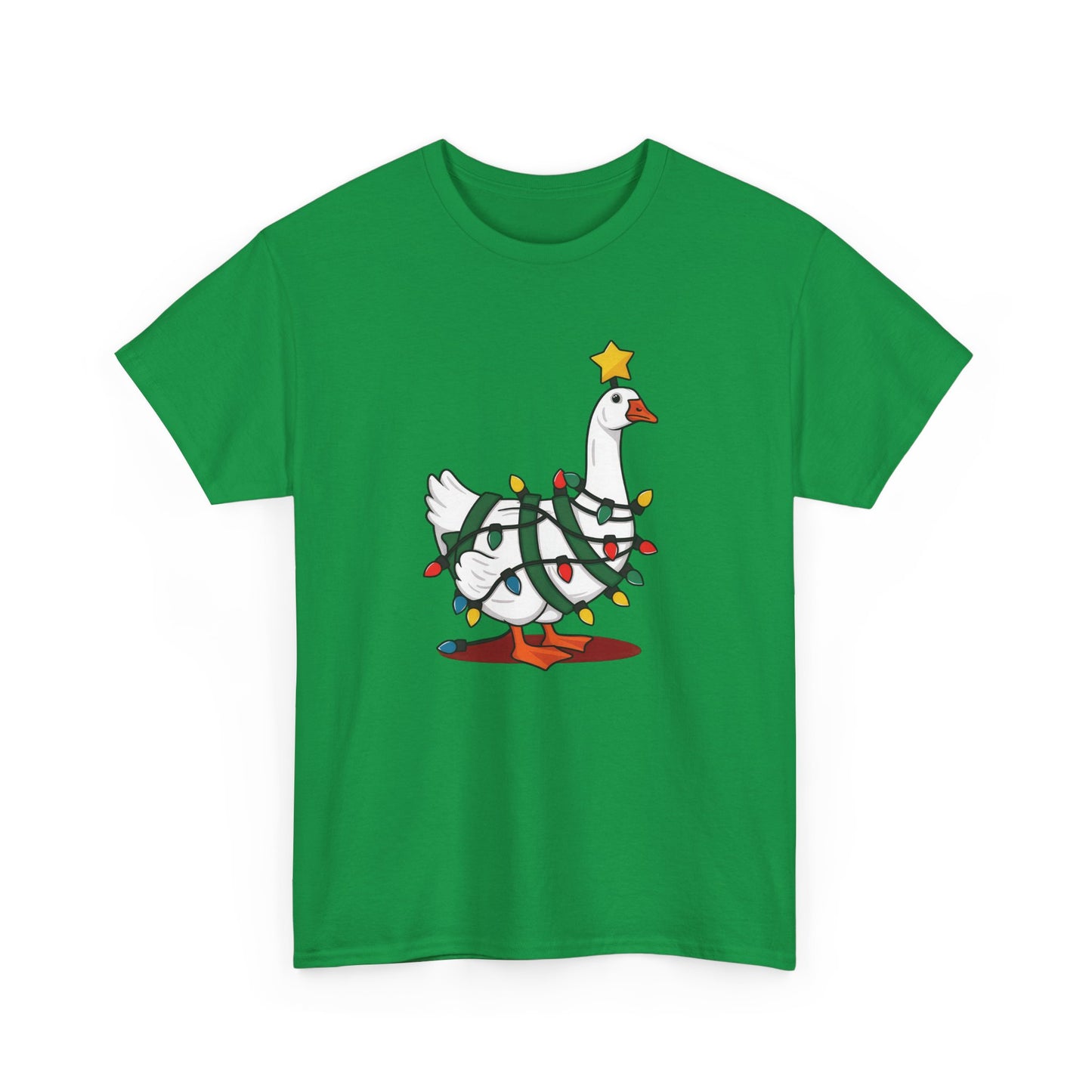 Front view of a green T-shirt featuring a festive illustration of a goose wearing a Santa hat and stringing Christmas lights, with the text "Goose on the Loose." Part of the Vivid Divergence Sensory Friendly Unisex Tees Range.