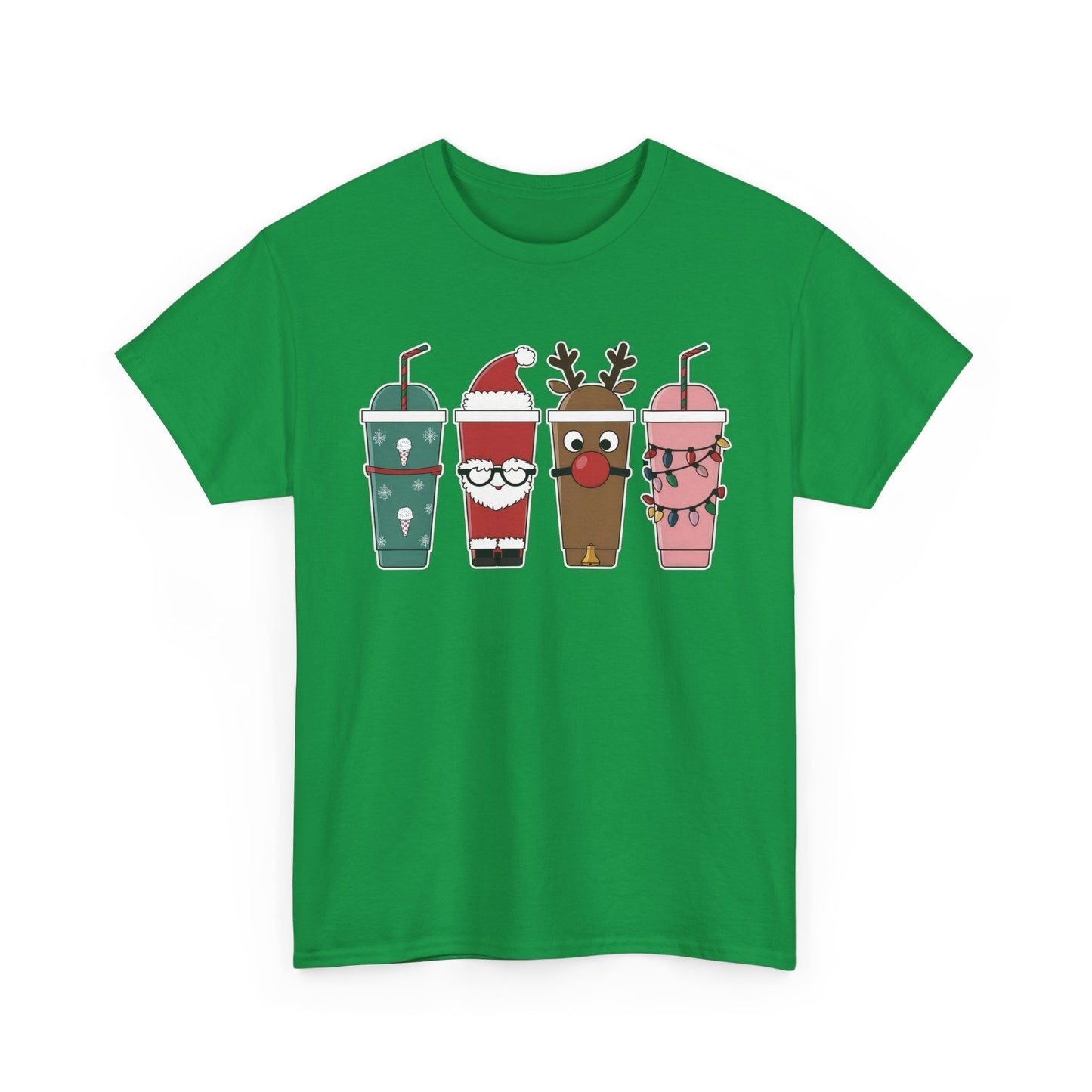 Front view of a green T-shirt featuring a festive illustration of four iced coffee cups decorated with Christmas designs, including reindeer, Santa, and holiday patterns. Part of the Vivid Divergence Sensory Friendly Unisex Tees Range.