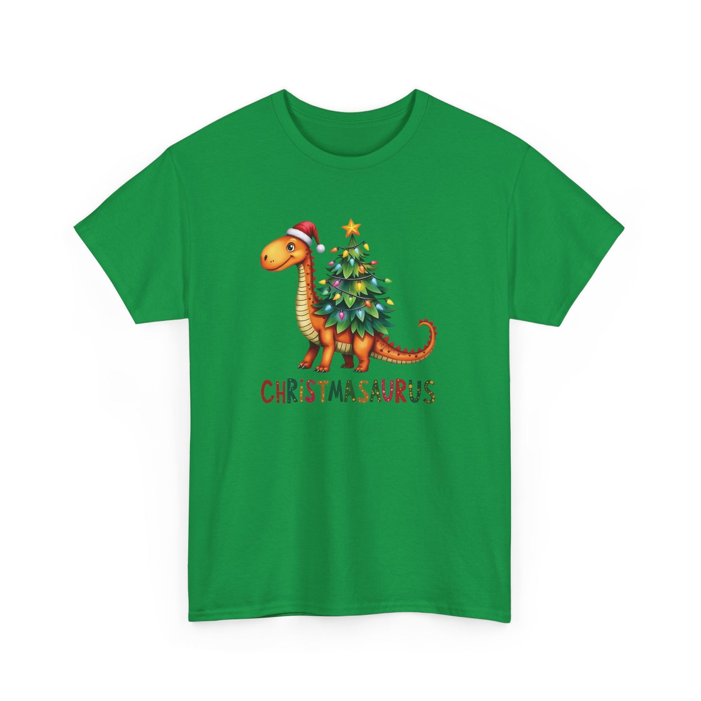 Front view of a green T-shirt featuring a festive illustration of a dinosaur decorated as a Christmas tree with ornaments and lights, and the text "Christmasaurus." Part of the Vivid Divergence Sensory Friendly Unisex Tees Range.