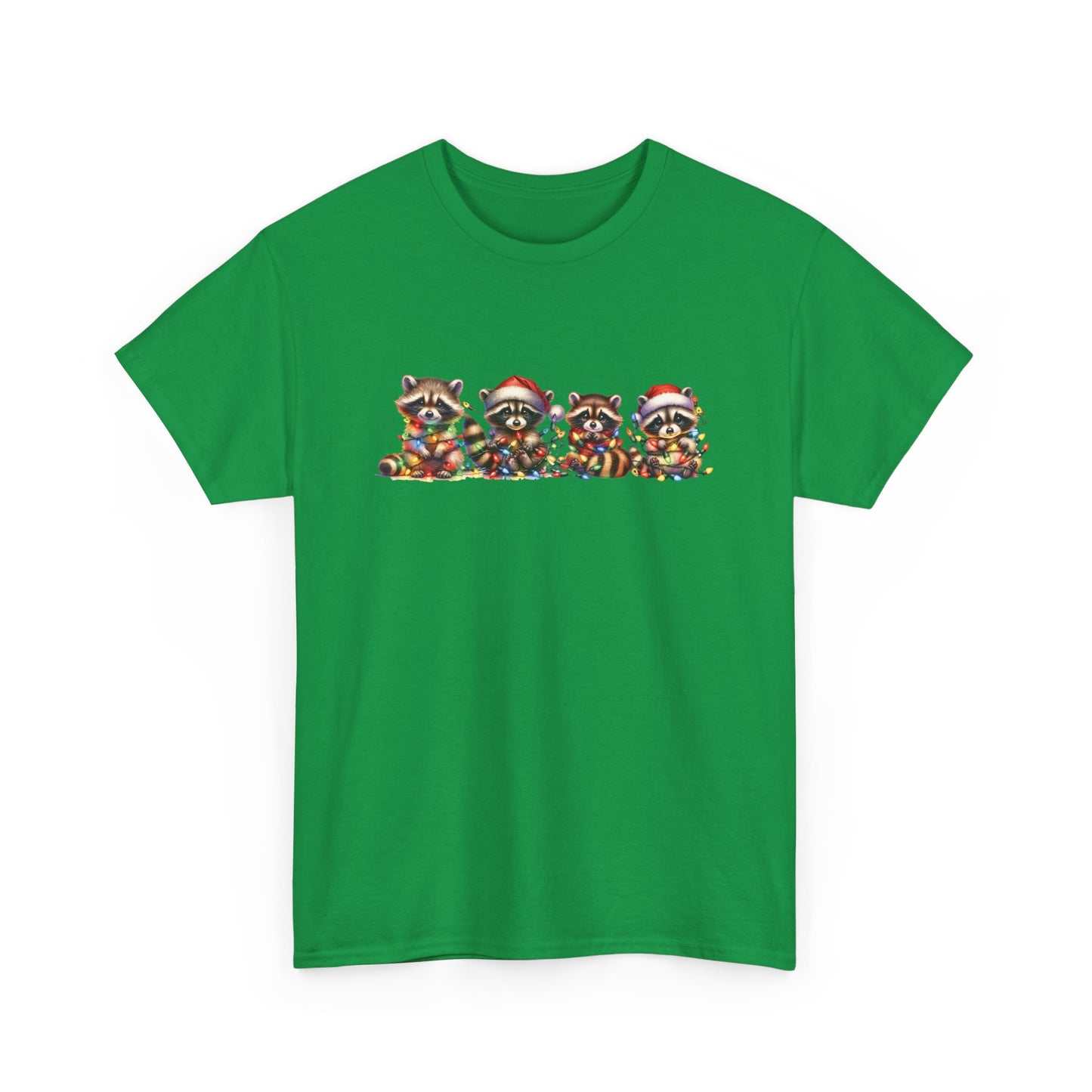 Front view of a green T-shirt featuring a festive illustration of raccoons in Christmas attire causing holiday chaos. Part of the Vivid Divergence Sensory Friendly Unisex Tees Range.