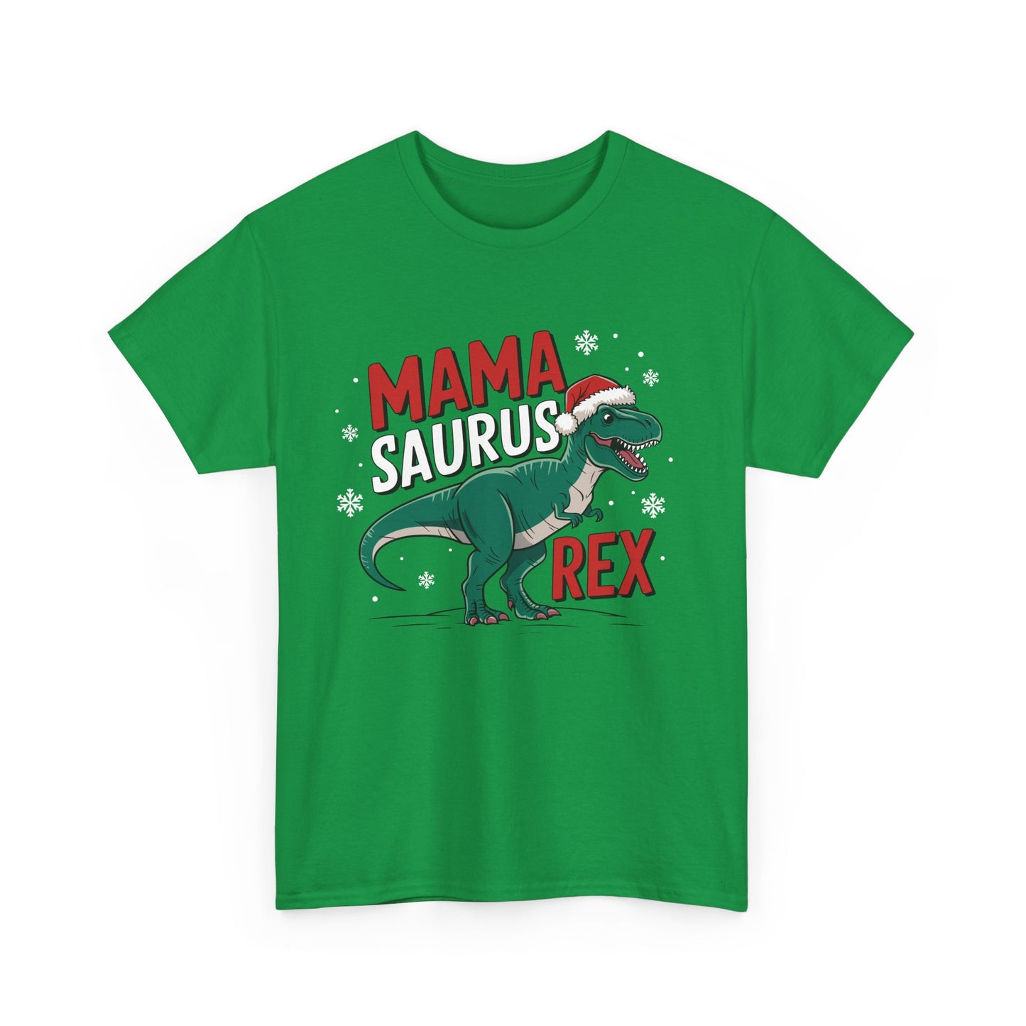 Front view of a green T-shirt featuring a "Mama-Saurus Rex" design with a festive dinosaur illustration. Part of the Vivid Divergence Sensory Friendly Unisex Tees Range.