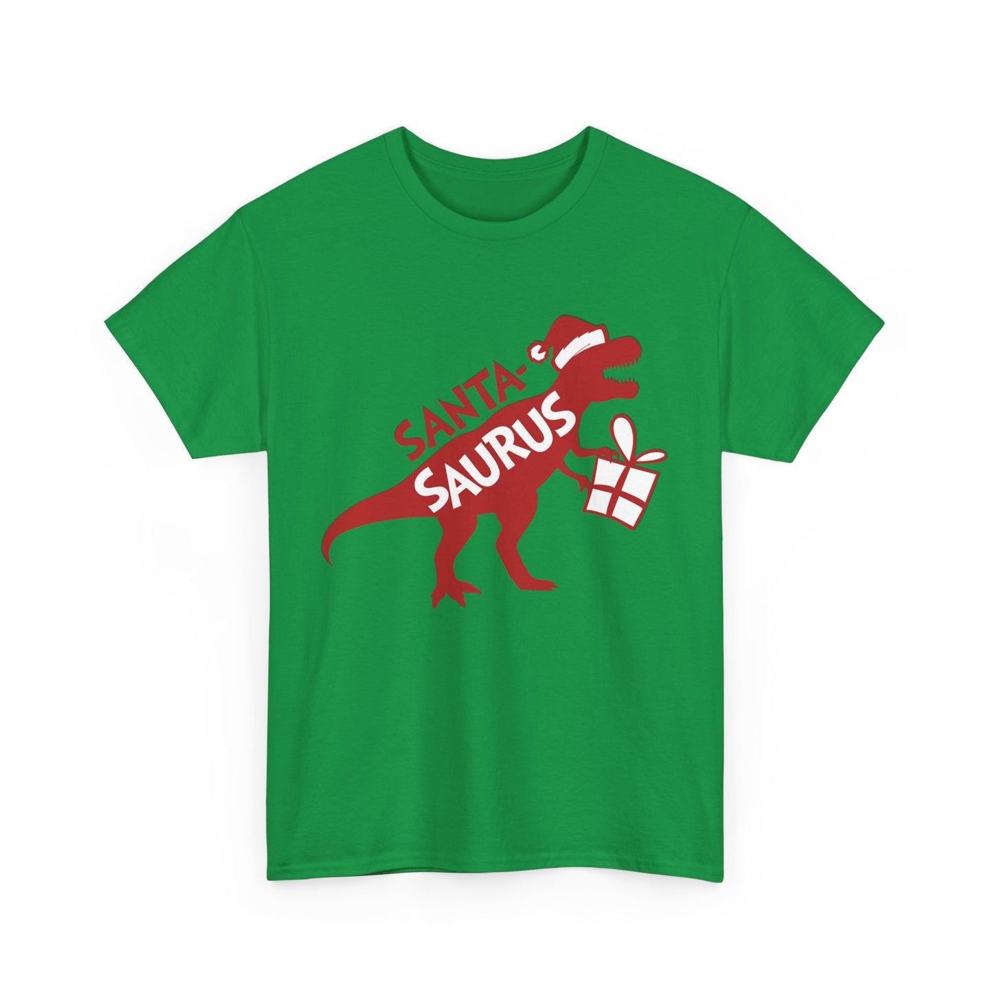 Front view of a green T-shirt featuring a "Santa-Saurus Rex" design with a red dinosaur wearing a Santa hat and carrying a gift. Part of the Vivid Divergence Sensory Friendly Unisex Tees Range.