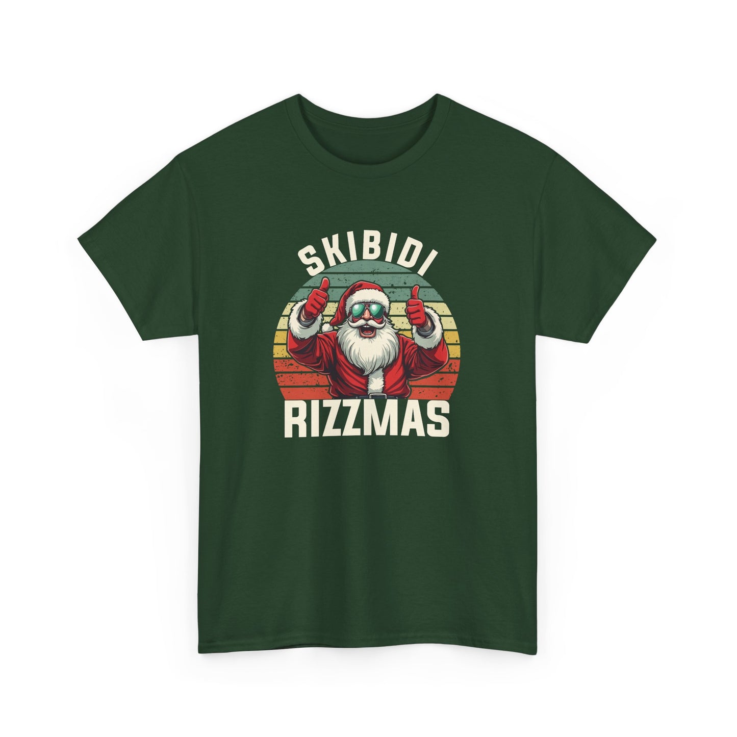 Front view of a dark green T-shirt showcasing a Skibidi Rizzmas retro Christmas print with a festive aesthetic. Part of the Vivid Divergence Sensory Friendly Unisex Tees Range.