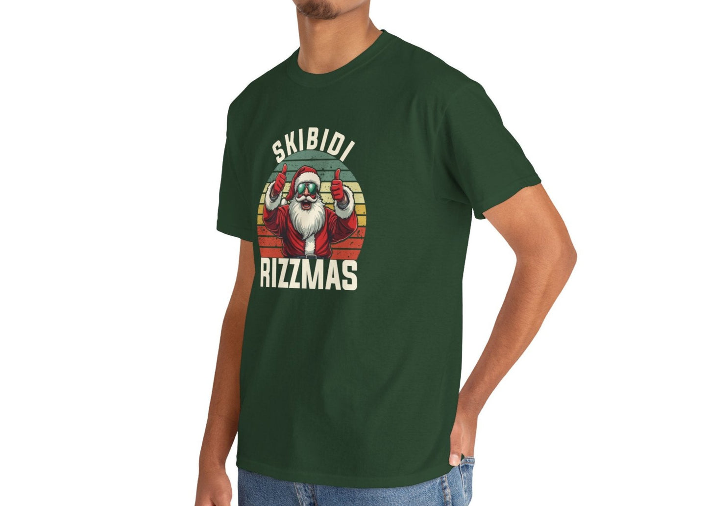 Model wearing a dark green T-shirt showcasing a Skibidi Rizzmas retro Christmas print with a festive aesthetic. Part of the Vivid Divergence Sensory Friendly Unisex Tees Range.