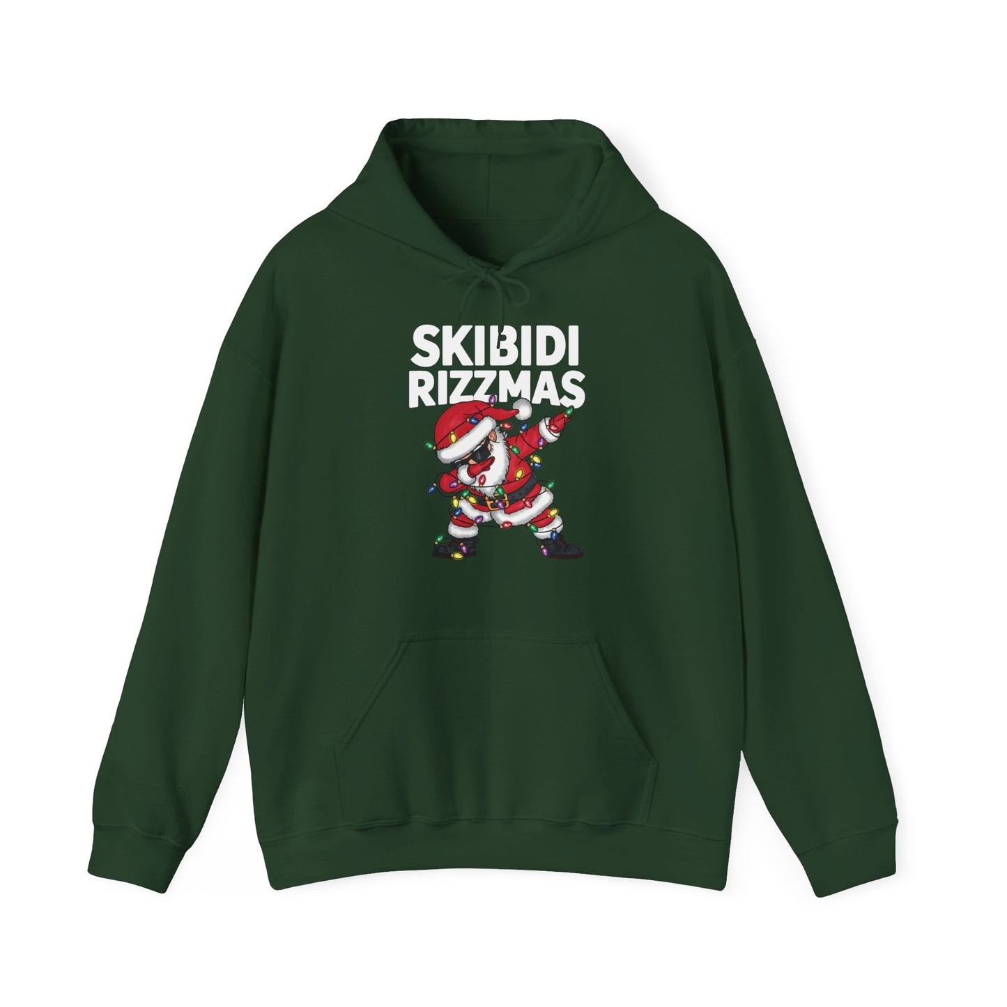 Green hoodie with a dabbing Santa and "Skibidi Rizzmas" text, laid flat. Part of the Vivid Divergence Sensory Friendly Unisex Hoodies Range.
