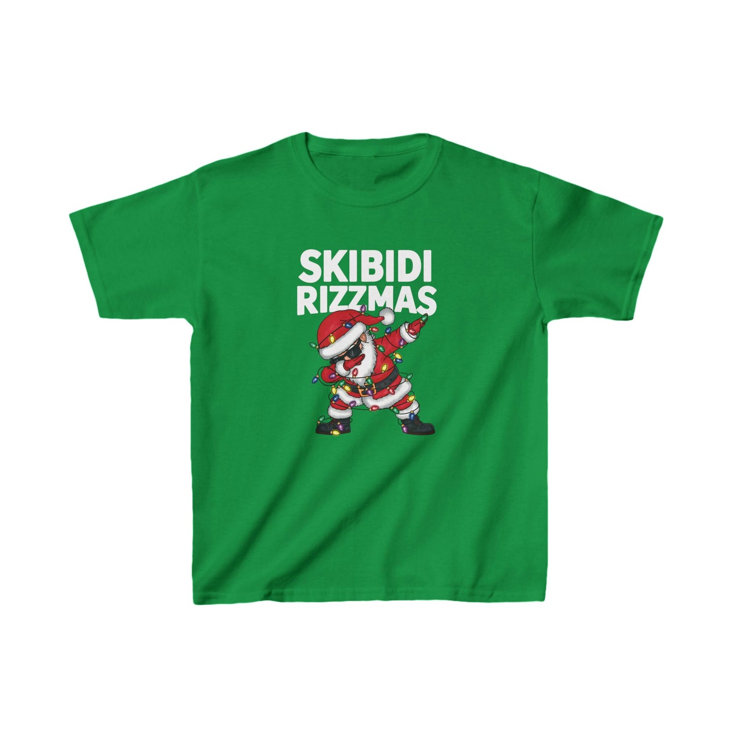 Green kids' T-shirt with a festive dabbing Santa and "Skibidi Rizzmas" text. Part of the Vivid Divergence Sensory Friendly Unisex Tees Range.