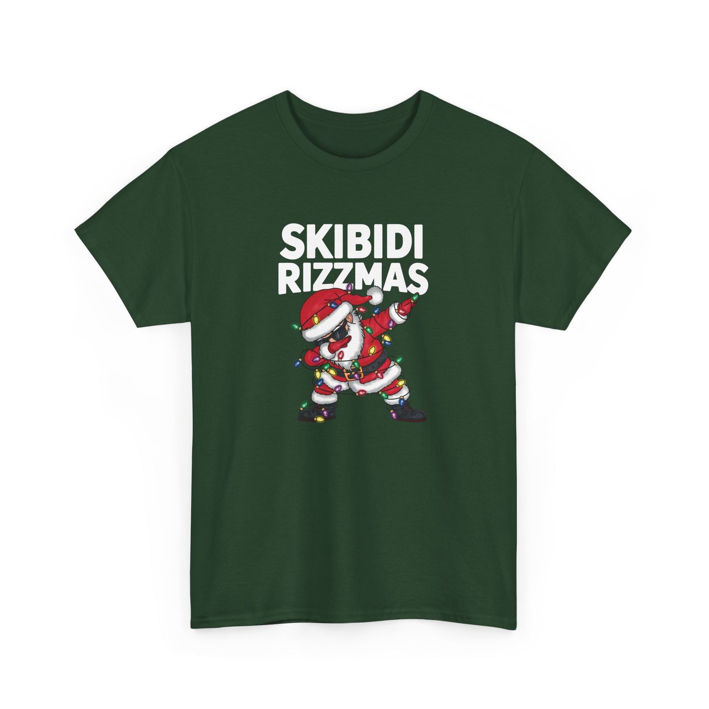 Green T-shirt with a festive dabbing Santa and "Skibidi Rizzmas" text. Part of the Vivid Divergence Sensory Friendly Unisex Tees Range.