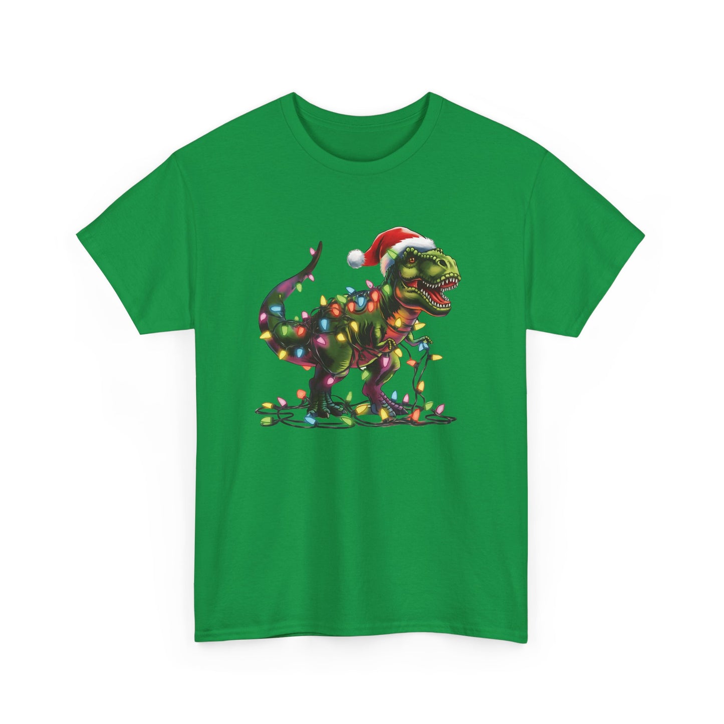Green T-shirt with a holiday T-Rex tangled in Christmas lights, wearing a Santa hat. Part of the Vivid Divergence Sensory Friendly Unisex Tees Range.