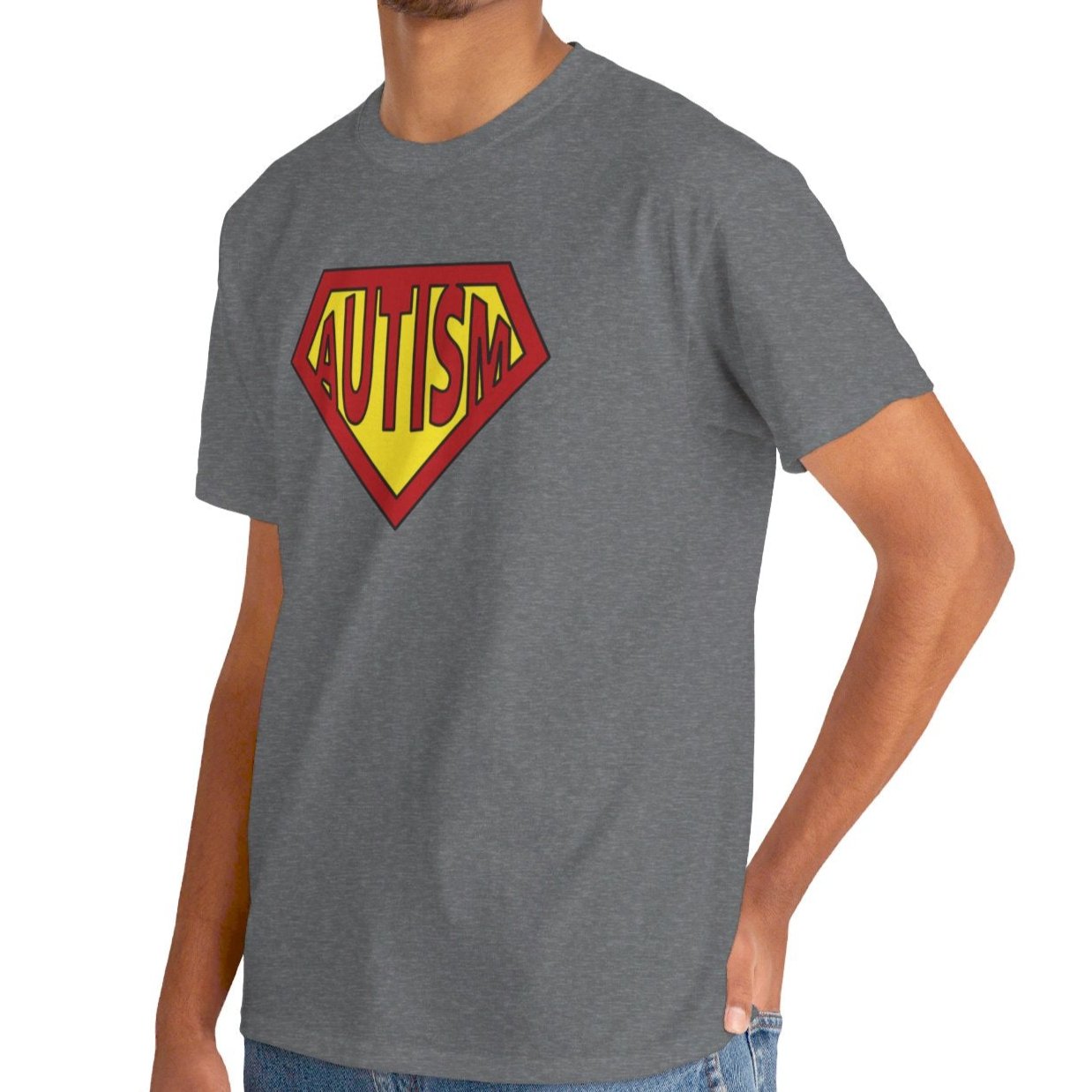 A person wearing a grey Autism Superpower T-shirt with rolled-up sleeves, highlighting the unisex design. Part of the Vivid Divergence Sensory Friendly Unisex Tees Range.