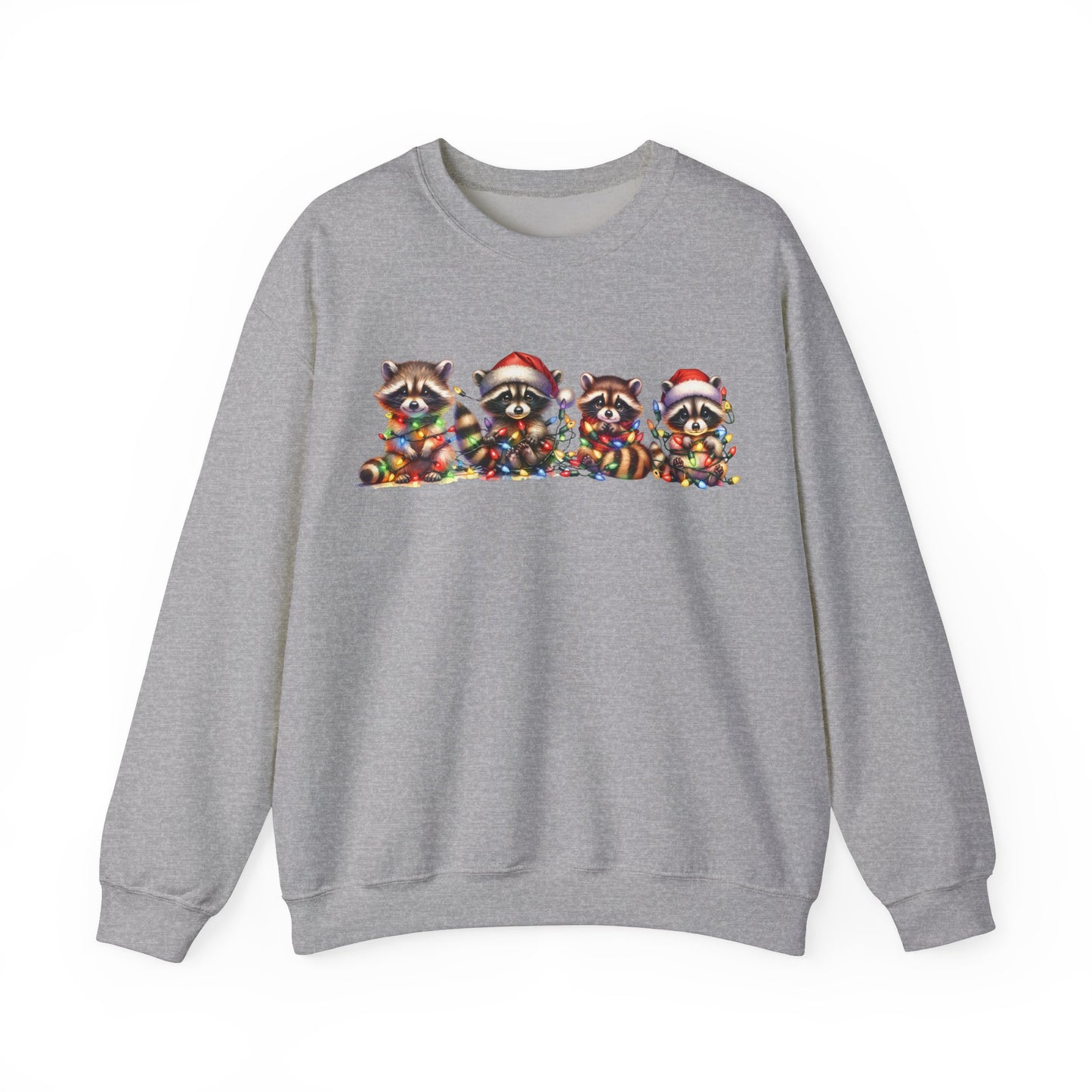 Front view of a grey sweatshirt featuring a festive illustration of raccoons in Christmas attire causing holiday chaos. Part of the Vivid Divergence Sensory Friendly Unisex Sweater Jumper Range.