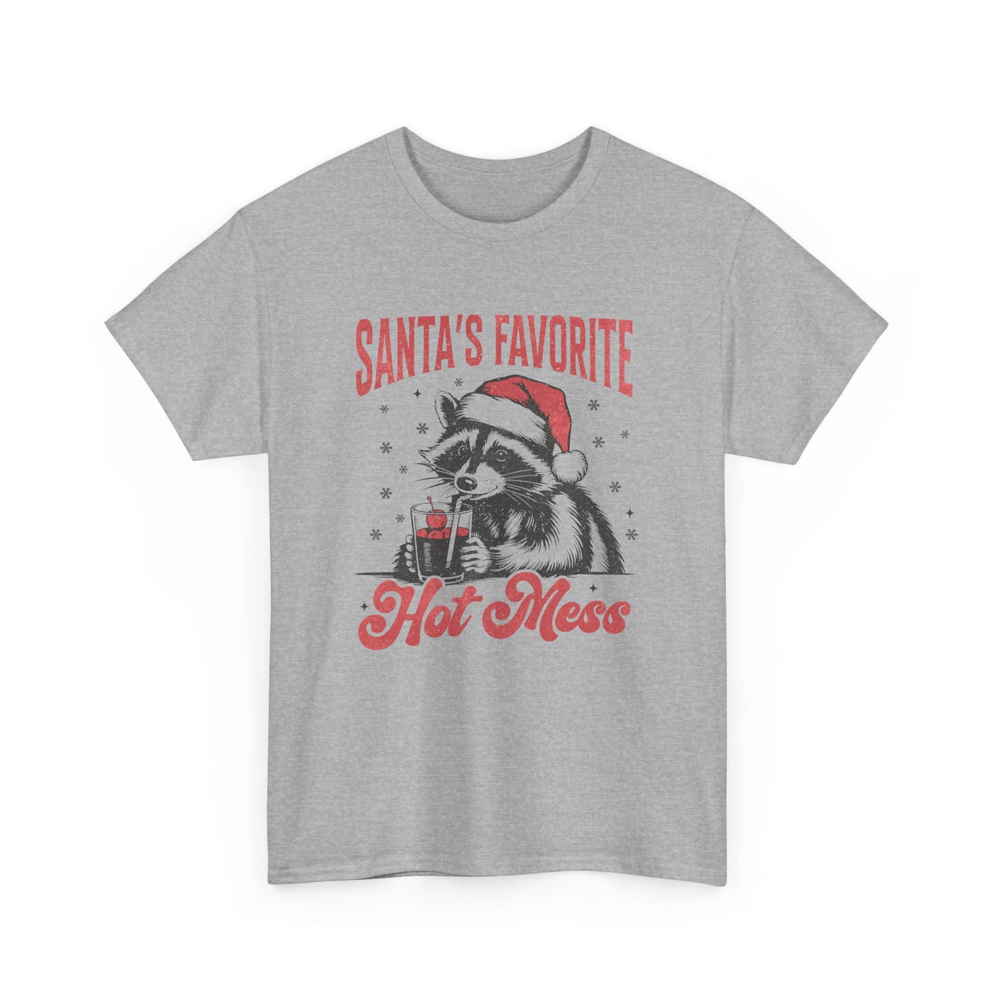 Front view of a grey T-shirt featuring a "Santa's Favorite Hot Mess" design with a festive raccoon wearing a Santa hat. Part of the Vivid Divergence Sensory Friendly Unisex Tees Range.