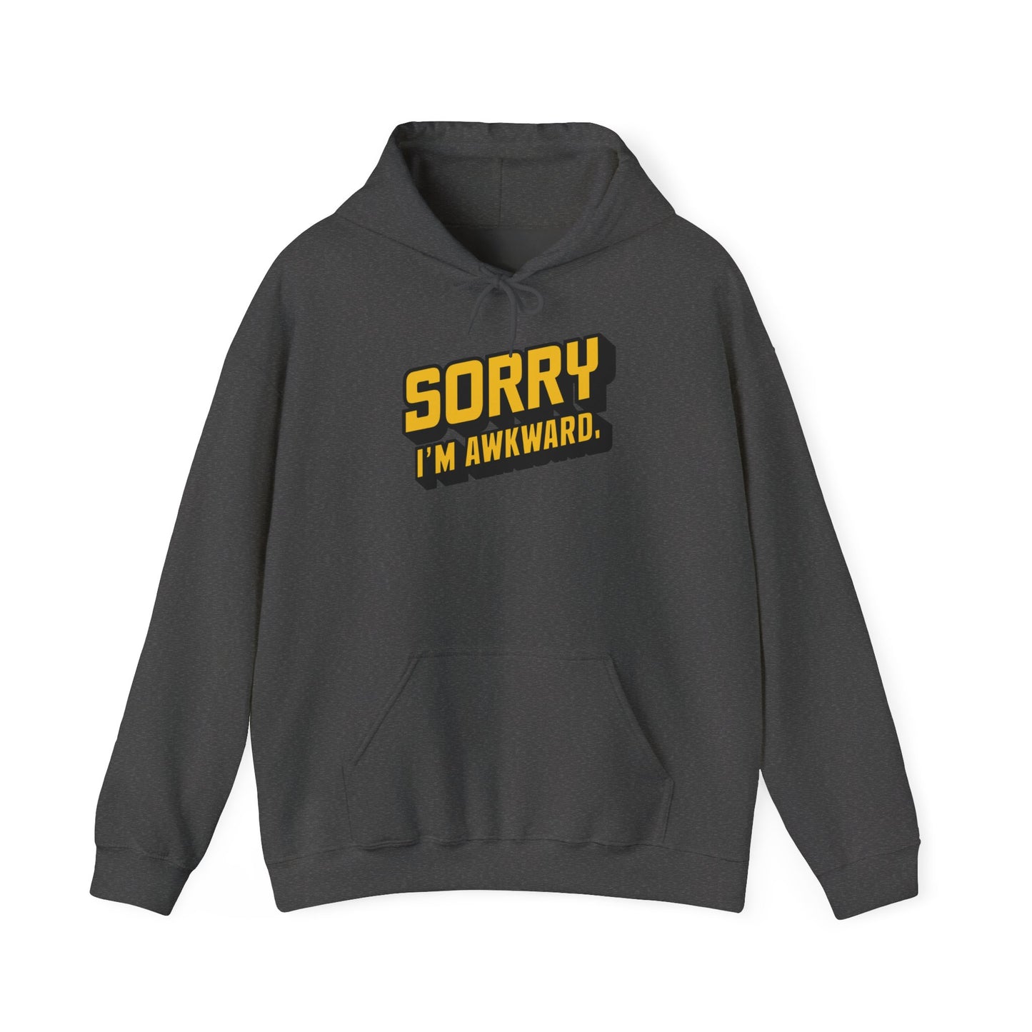 Front view of a grey hoodie featuring the text "Sorry I'm Awkward" in bold yellow and white lettering. Part of the Vivid Divergence Sensory Friendly Unisex Hoodie Range.