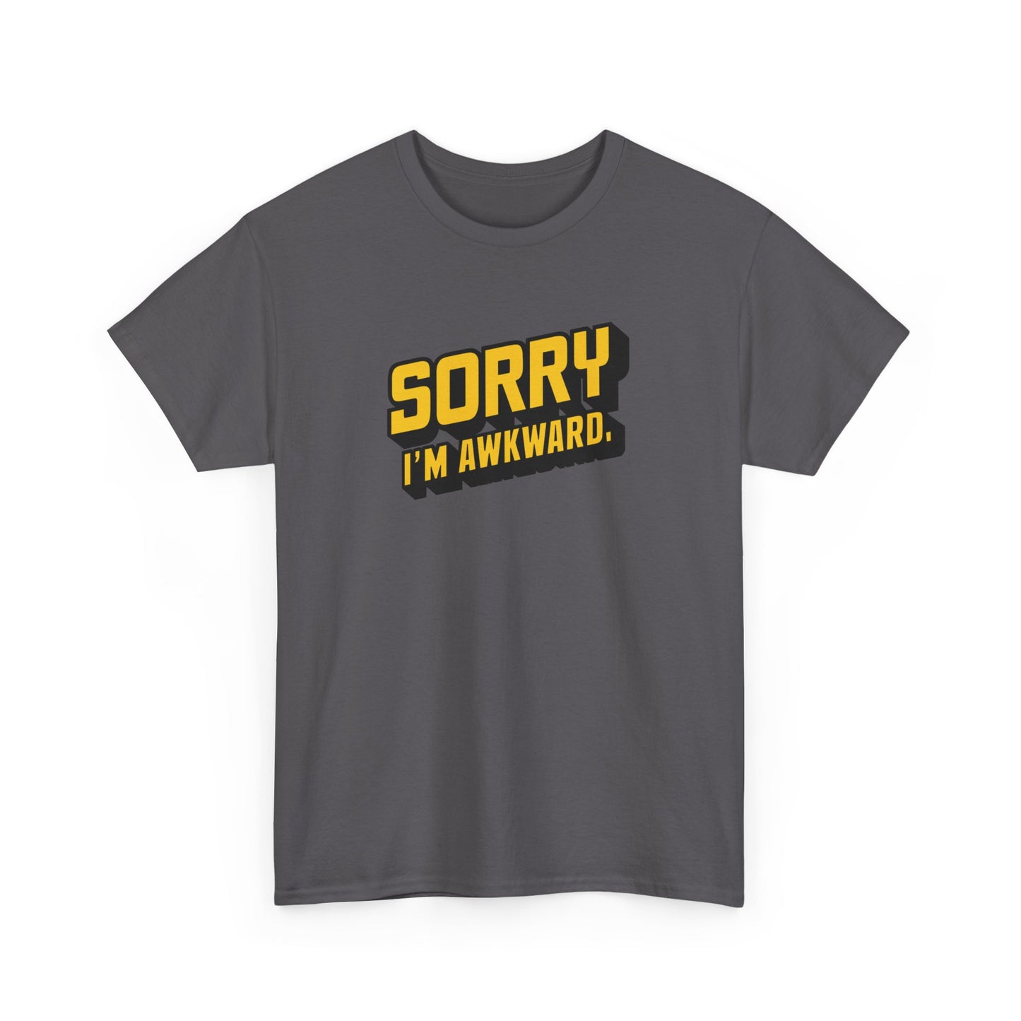 Front view of a grey T-shirt with "Sorry I'm Awkward" in bold yellow text. Part of the Vivid Divergence Sensory Friendly Unisex Tees Range.
Image Name: