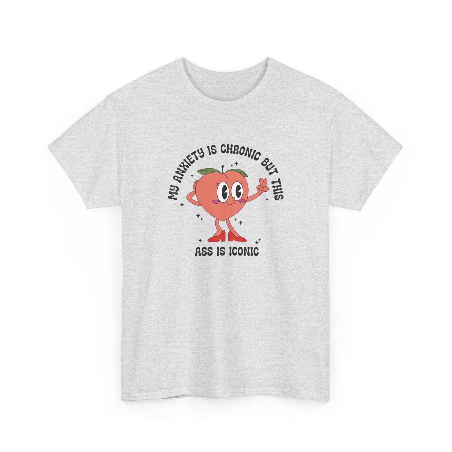 Heather gray T-shirt showcasing the text "My Anxiety Is Chronic But This Ass Is Iconic" with a bold graphic, displayed on a white background. Part of the Vivid Divergence Sensory Friendly Unisex Tees Range.
