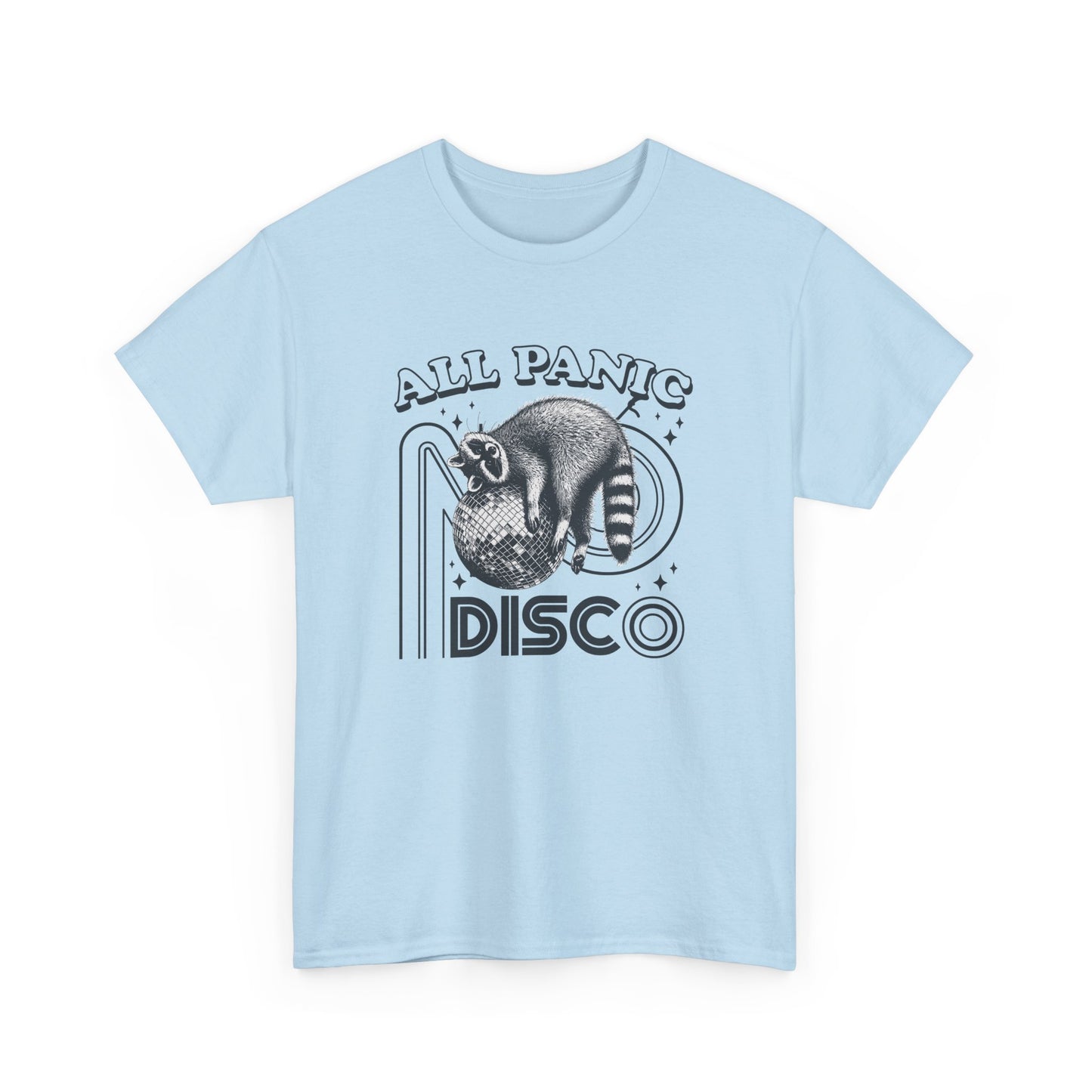 Front view of a light blue T-shirt featuring "All Panic No Disco" text with a raccoon illustration inside a disco ball. Part of the Vivid Divergence Sensory Friendly Unisex Tees Range.