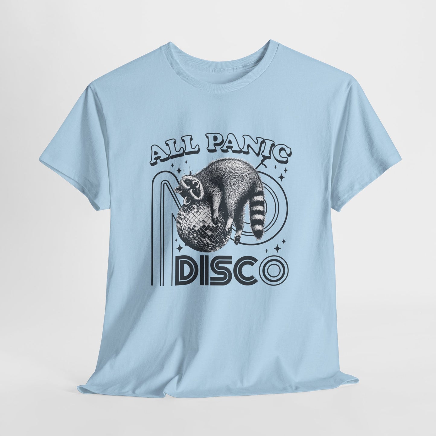 Hanging light blue T-shirt featuring "All Panic No Disco" text with a raccoon illustration inside a disco ball. Part of the Vivid Divergence Sensory Friendly Unisex Tees Range.