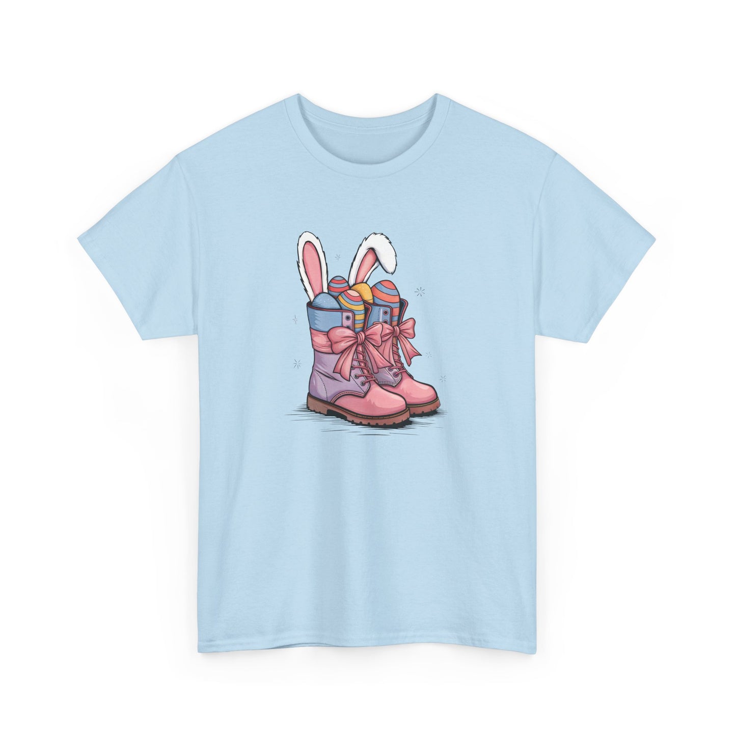 Light Blue Easter T-shirt displaying an Easter cowgirl boots design with bunny ears and eggs, perfect for springtime celebrations. Hop into the season in style and shop Easter shirts online today!