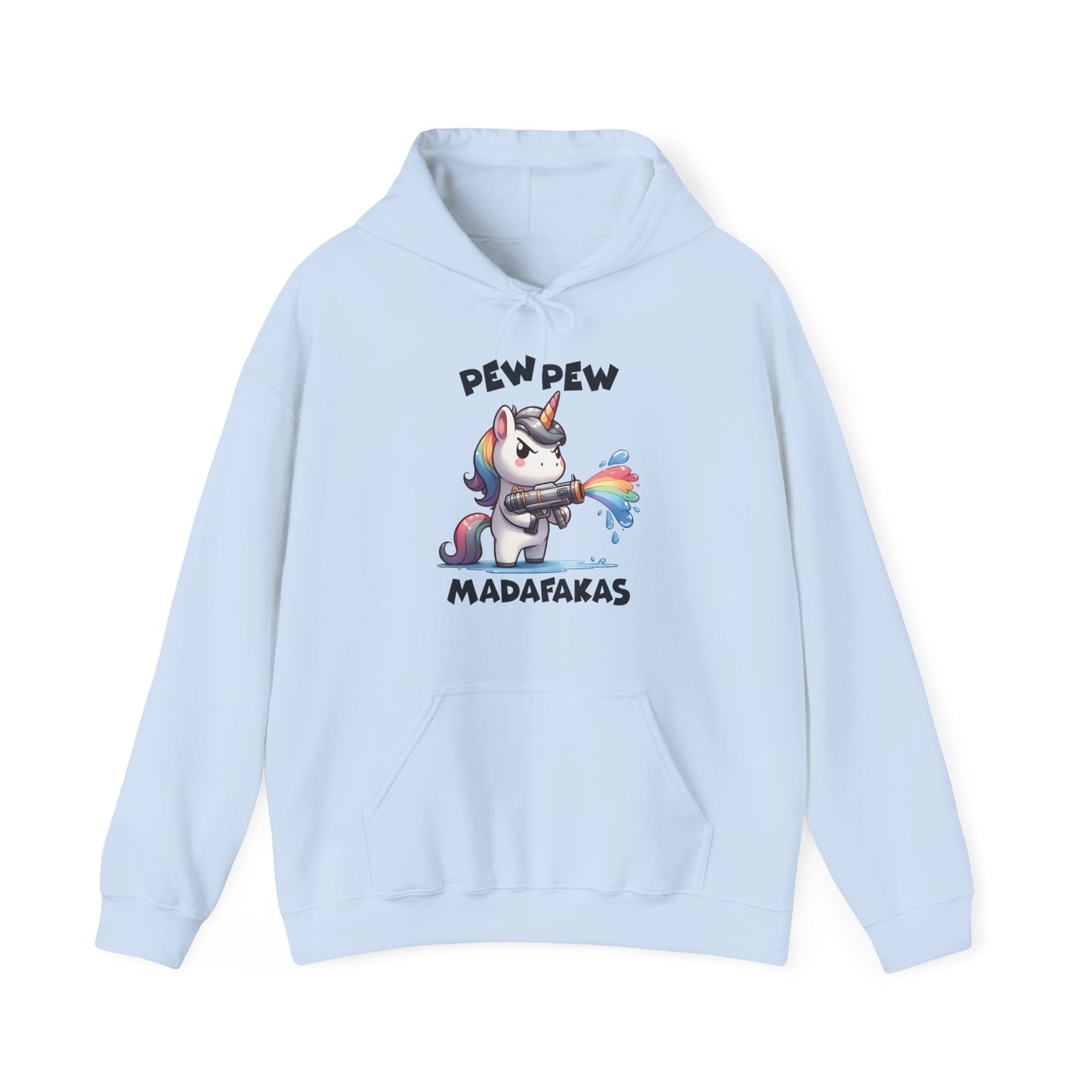 Front view of a light blue hoodie featuring the text "Pew Pew Madafakas" and a cartoon illustration of a unicorn holding a rainbow water gun. Part of the Vivid Divergence Sensory Friendly Unisex Hoodie Range.