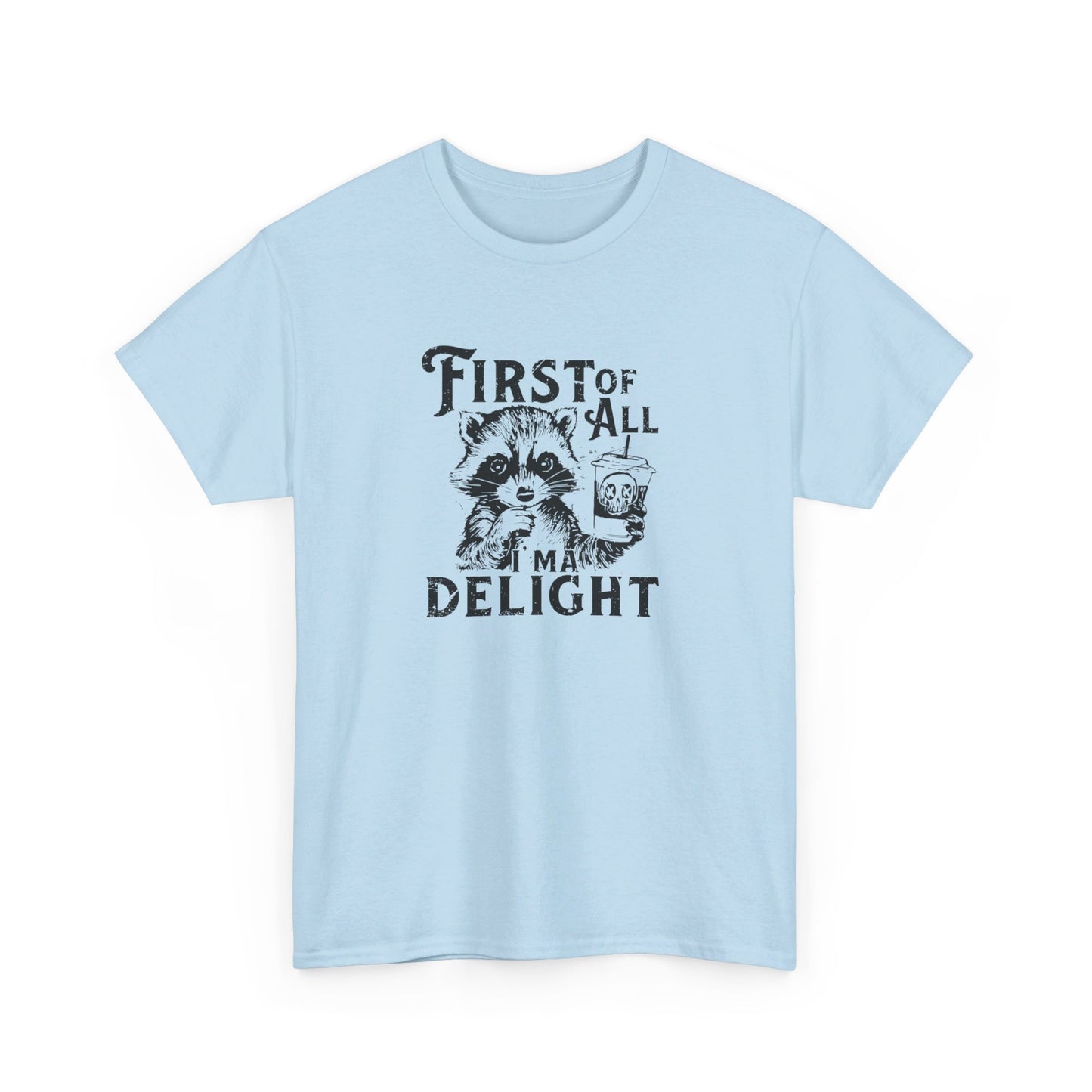 Front view of a light blue T-shirt with "First of All Delight" text and graphic design. Part of the Vivid Divergence Sensory Friendly Unisex Tees Range.