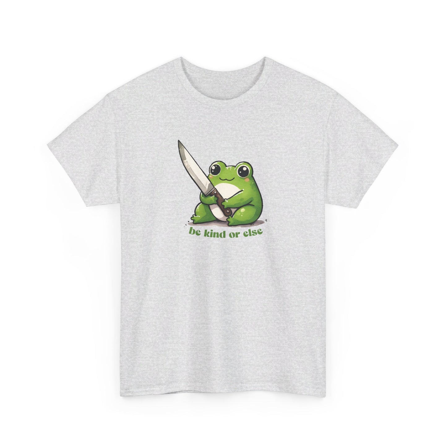 Front view of a light gray T-shirt featuring a green frog holding a knife with the text "Be Kind or Else." Part of the Vivid Divergence Sensory Friendly Unisex Tees Range.