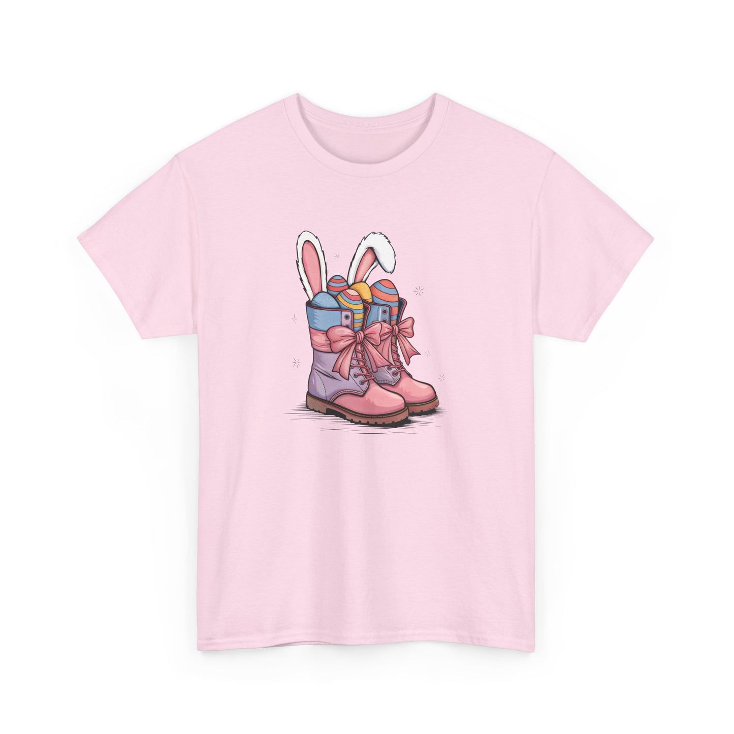 Light Pink Easter T-shirt with cowgirl boots, bunny ears, and colorful eggs, a charming and soft Easter outfit. Hop into the season in style and shop Easter shirts online today!