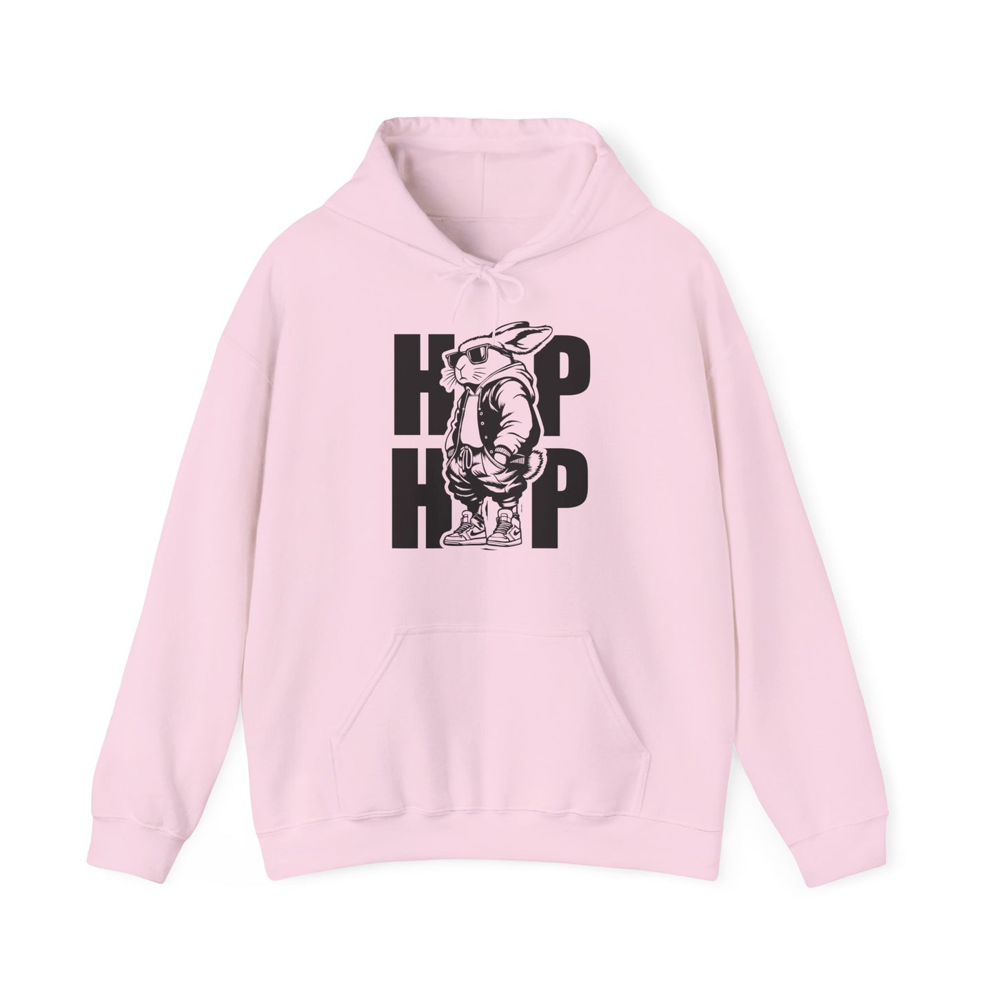 Front view of light pink hoodie with black hip hop bunny Easter design. Part of the Vivid Divergence Sensory Friendly Unisex Hoodies Range.