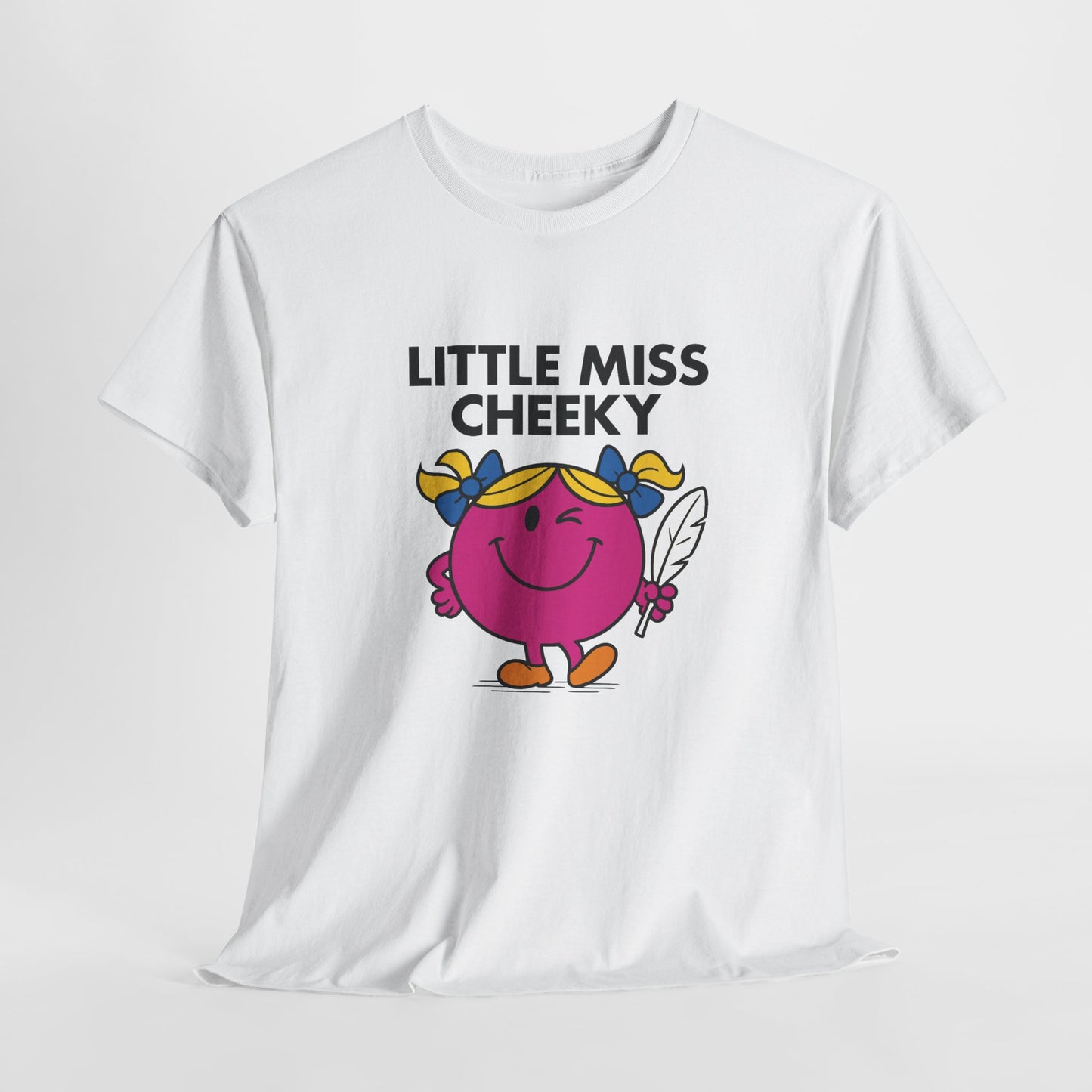 White “Little Miss Cheeky” T-shirt displayed laid flat, showing full print. Part of the Vivid Divergence Sensory Friendly Unisex Tees Range. Part of the Little Miss Meme Character Collection.