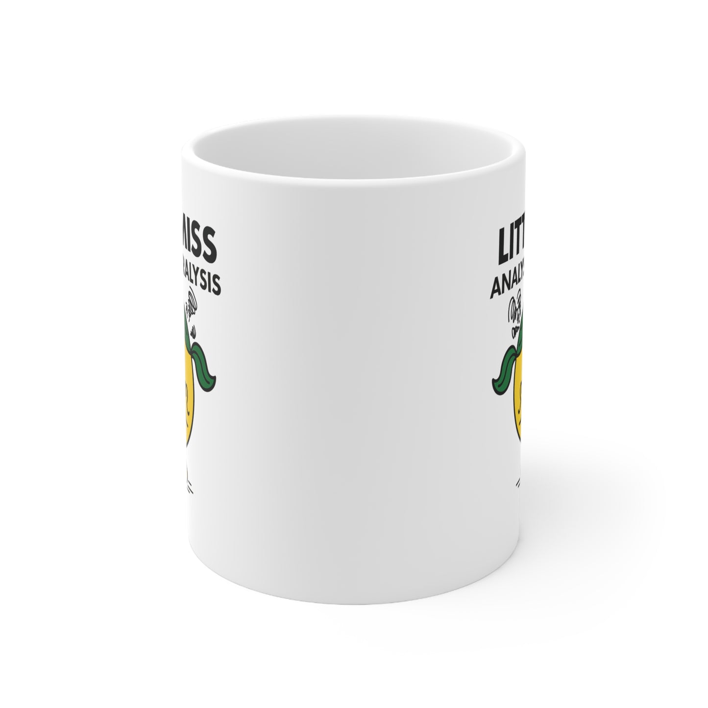 Rear view of white mug with handle visible, only part of the character’s green pigtail and hand peeking into view. The suspense is real. Part of the Vivid Divergence Little Miss Meme Collection!