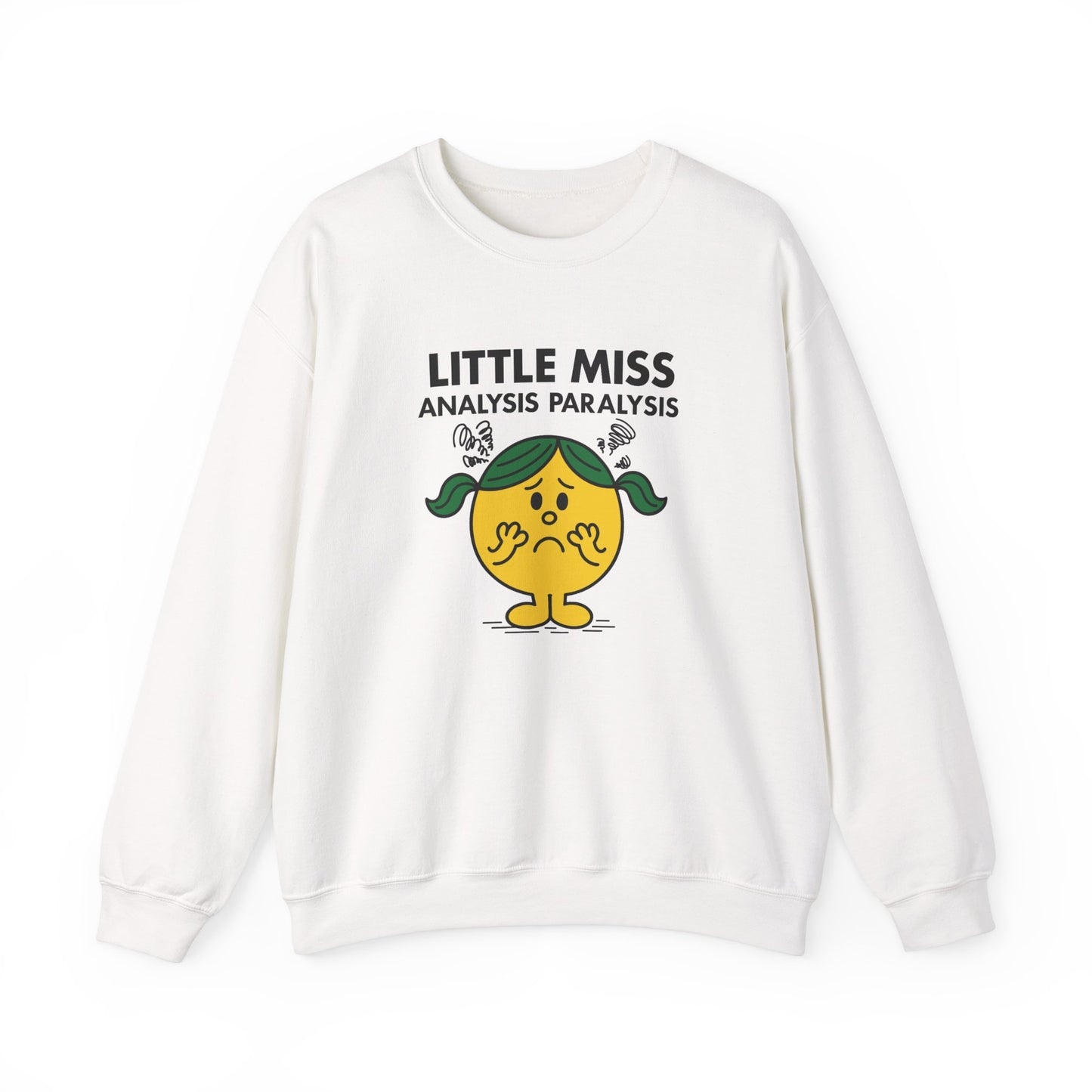 Front view of a white sweatshirt featuring the Little Miss Analysis Paralysis cartoon graphic. Part of the Little Miss Meme Character Collection. A Vivid Divergence Sensory Friendly Sweater Jumper.