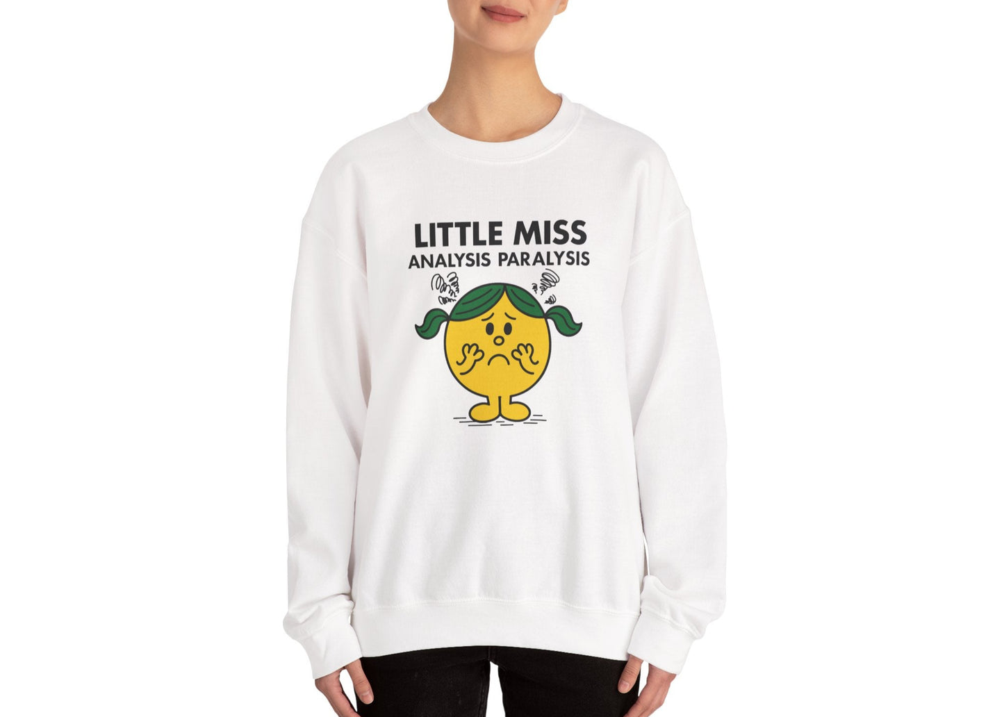 Person wearing the Little Miss Analysis Paralysis sweatshirt styled casually. Part of the Little Miss Meme Character Collection. A Vivid Divergence Sensory Friendly Sweater Jumper.