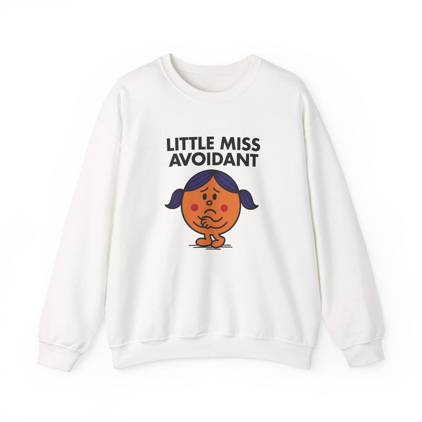 Front view of a white sweatshirt featuring the Little Miss Avoidant cartoon graphic. Part of the Little Miss Meme Character Collection. A Vivid Divergence Sensory Friendly Sweater Jumper.