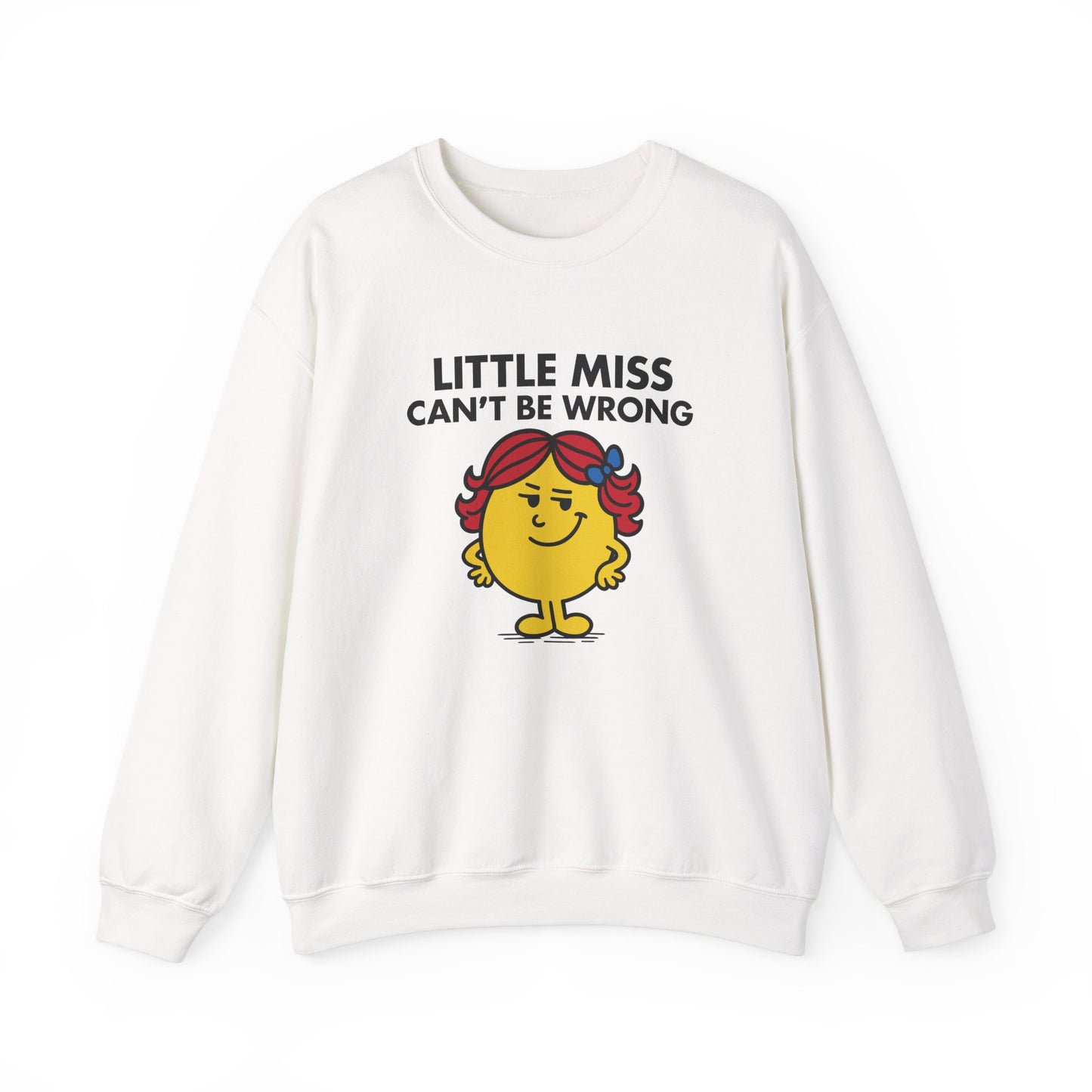 Front view of a white sweatshirt featuring the Little Miss Can’t Be Wrong cartoon graphic. Part of the Little Miss Meme Character Collection. A Vivid Divergence Sensory Friendly Sweater Jumper.
