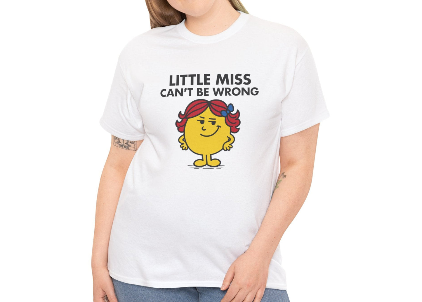 Person wearing the Little Miss Can’t Be Wrong T-shirt with jeans. Part of the Little Miss Meme Character Collection. A Vivid Divergence Sensory Friendly Unisex Tee.