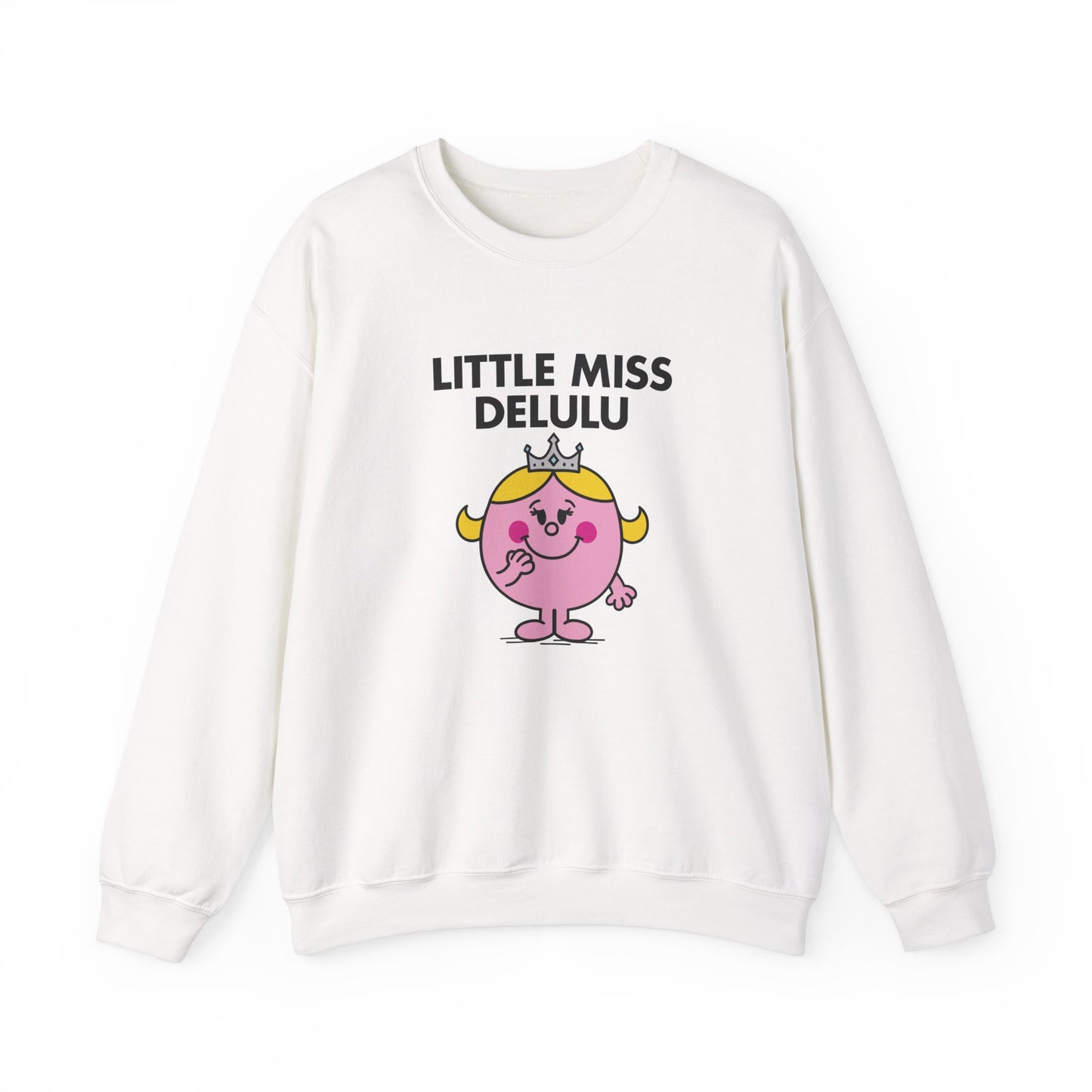 Front view of a white sweatshirt featuring the Little Miss Delulu cartoon graphic. Part of the Little Miss Meme Character Collection. A Vivid Divergence Sensory Friendly Sweater Jumper.