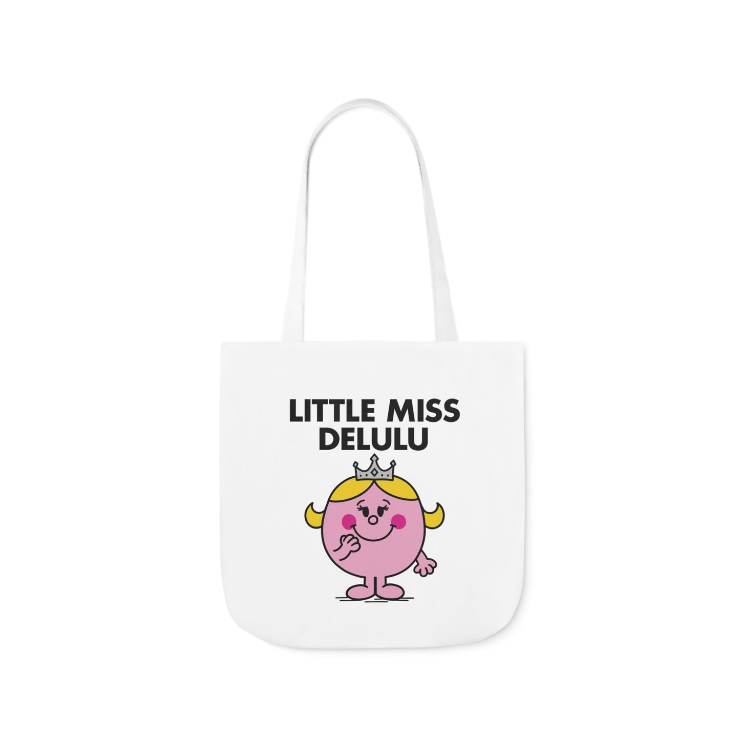Straight-on view of tote bag with Little Miss Delulu twirling in her own fairytale, unaware he’s just being polite. Part of the Vivid Divergence Little Miss Meme Collection!
