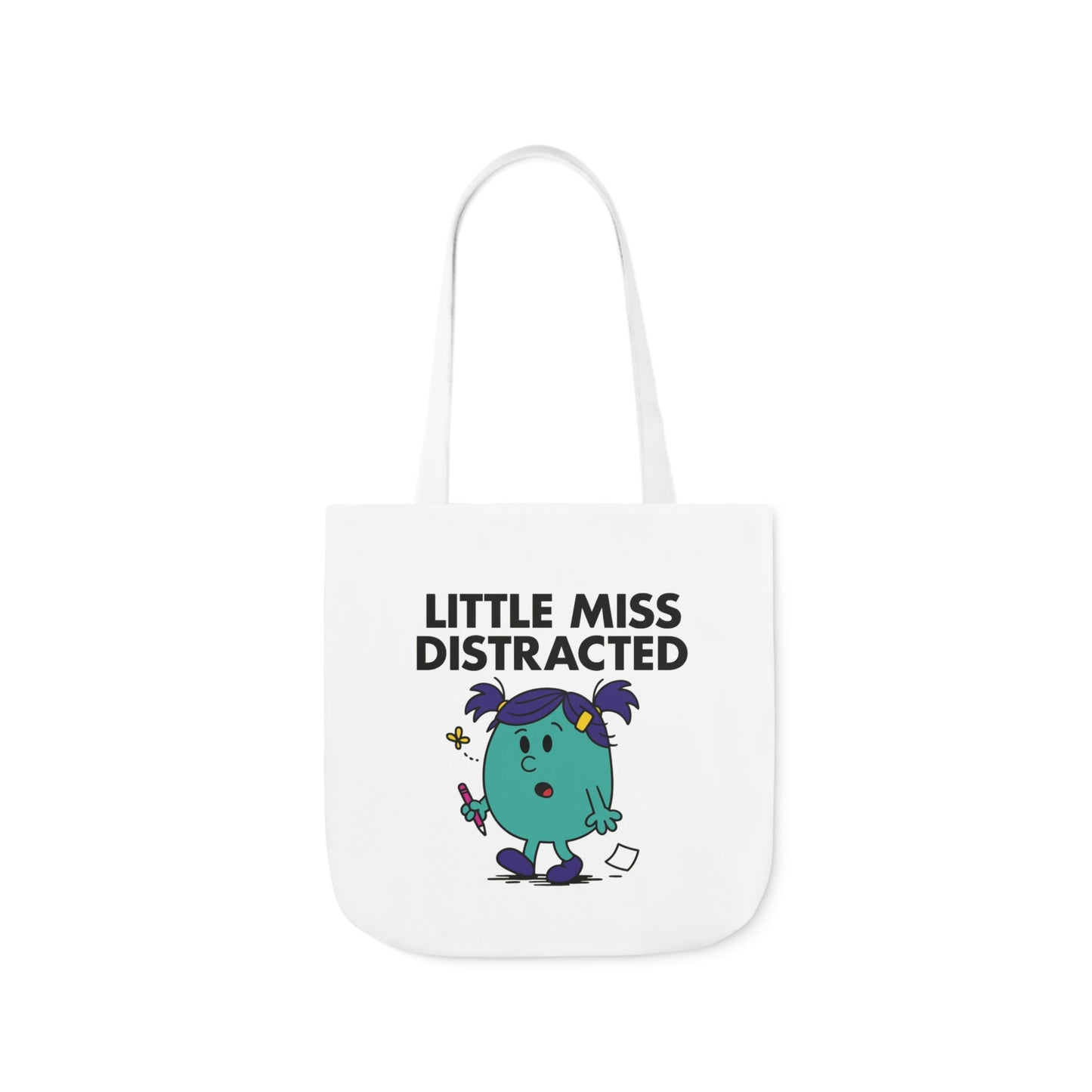 Front view of white canvas tote bag featuring teal character with wide eyes, raised hand, and stars swirling above her head. Text reads "Little Miss Distracted." She meant to focus, then got lost in a daydream. Part of the Vivid Divergence Little Miss Meme Collection!