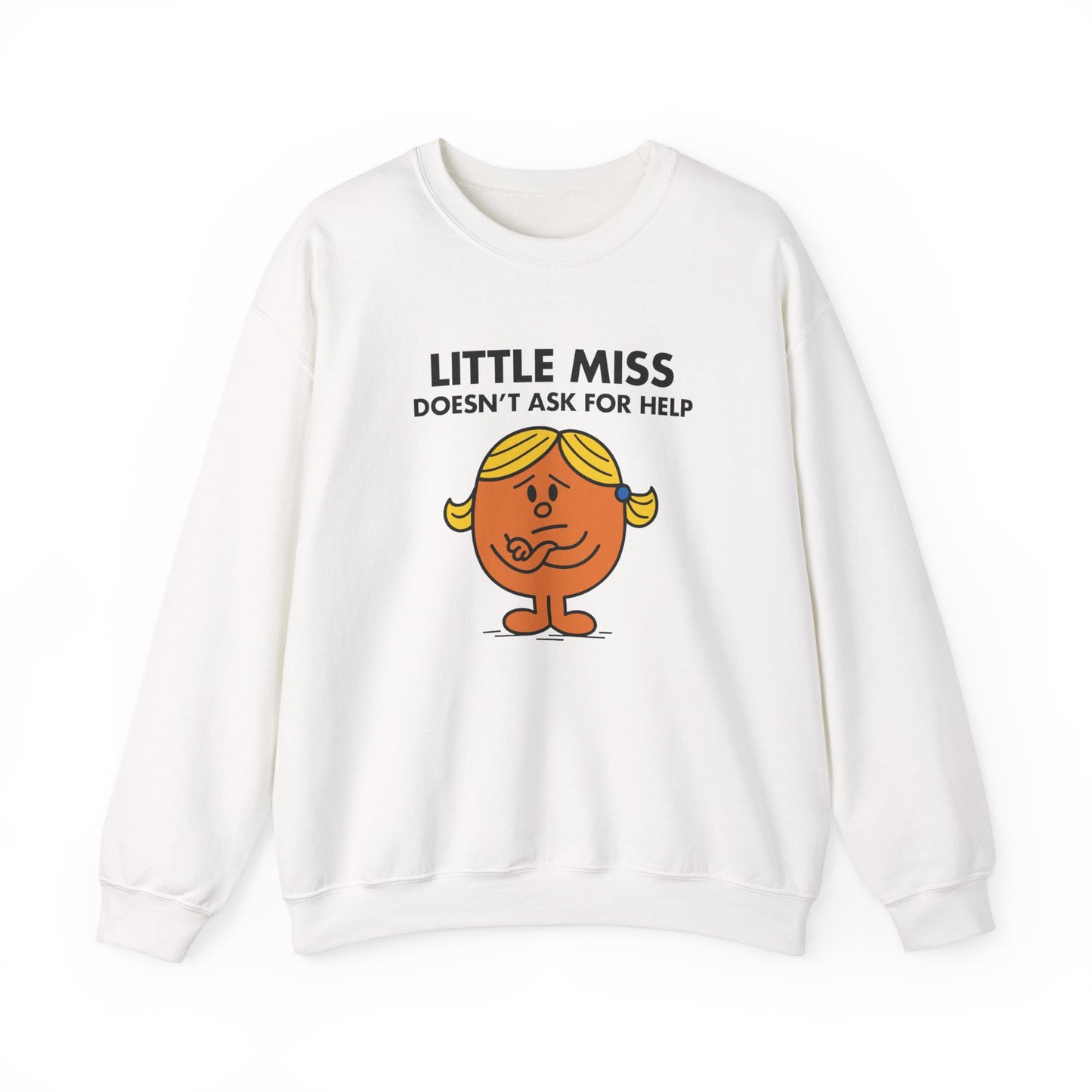 Front view of a white sweatshirt featuring the Little Miss Doesn’t Ask For Help cartoon graphic. Part of the Little Miss Meme Character Collection. A Vivid Divergence Sensory Friendly Sweater Jumper.