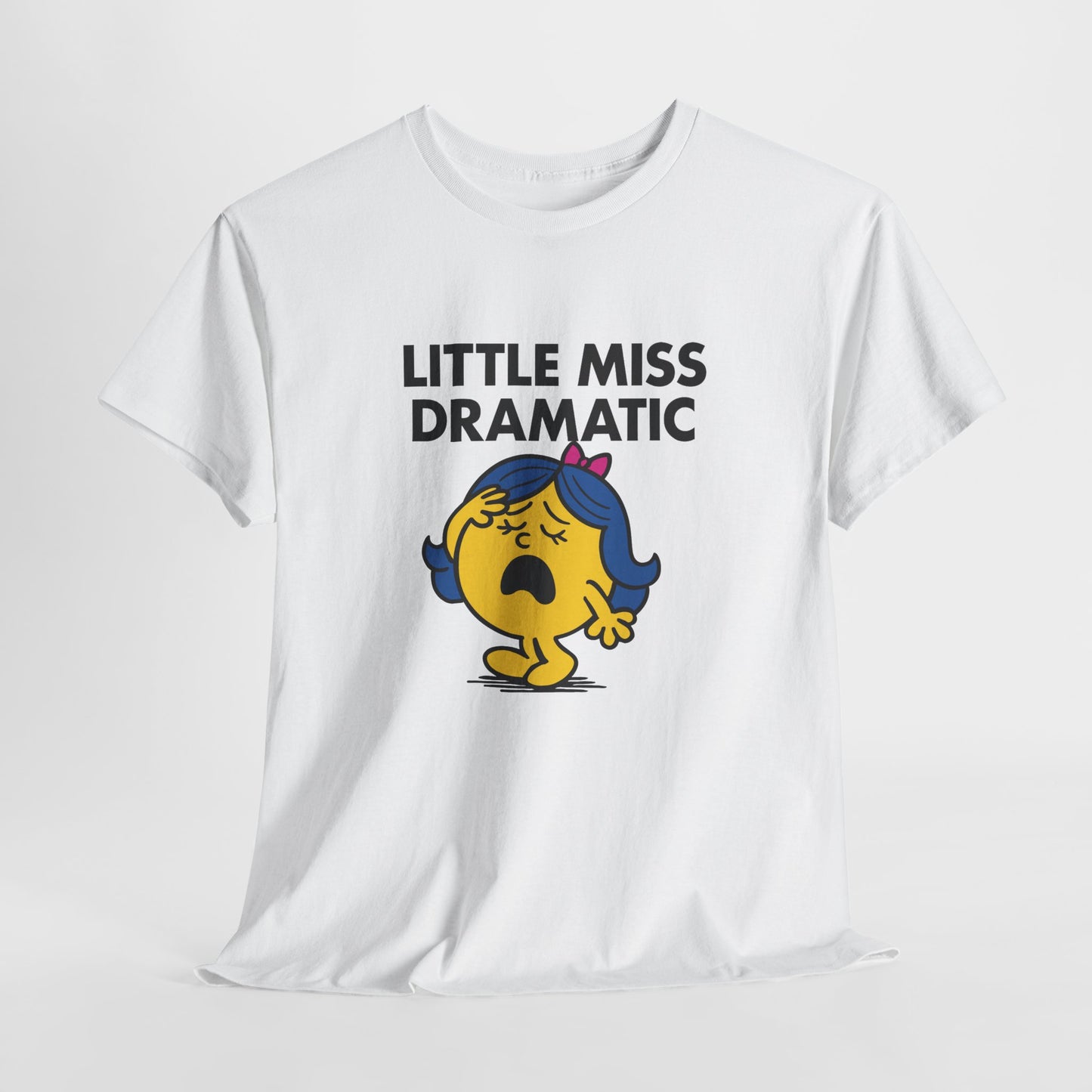 White Little Miss Dramatic T-shirt laid flat to showcase the full design. Part of the Little Miss Meme Character Collection. A Vivid Divergence Sensory Friendly Unisex Tee.