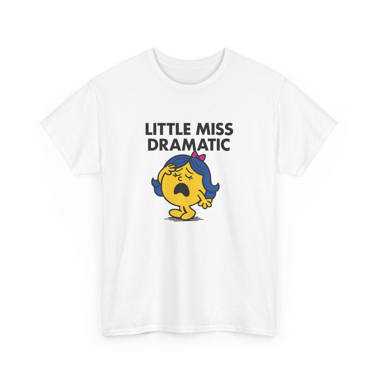 Front view of a white T-shirt featuring the Little Miss Dramatic cartoon graphic. Part of the Little Miss Meme Character Collection. A Vivid Divergence Sensory Friendly Unisex Tee.