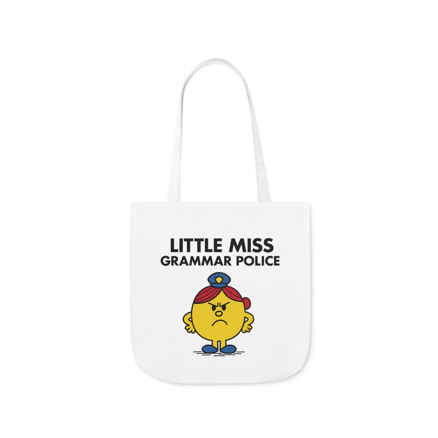 Straight-on view of tote bag showing Little Miss Grammar Police in full correction mode. She mentally edits every group chat. Part of the Vivid Divergence Little Miss Meme Collection!