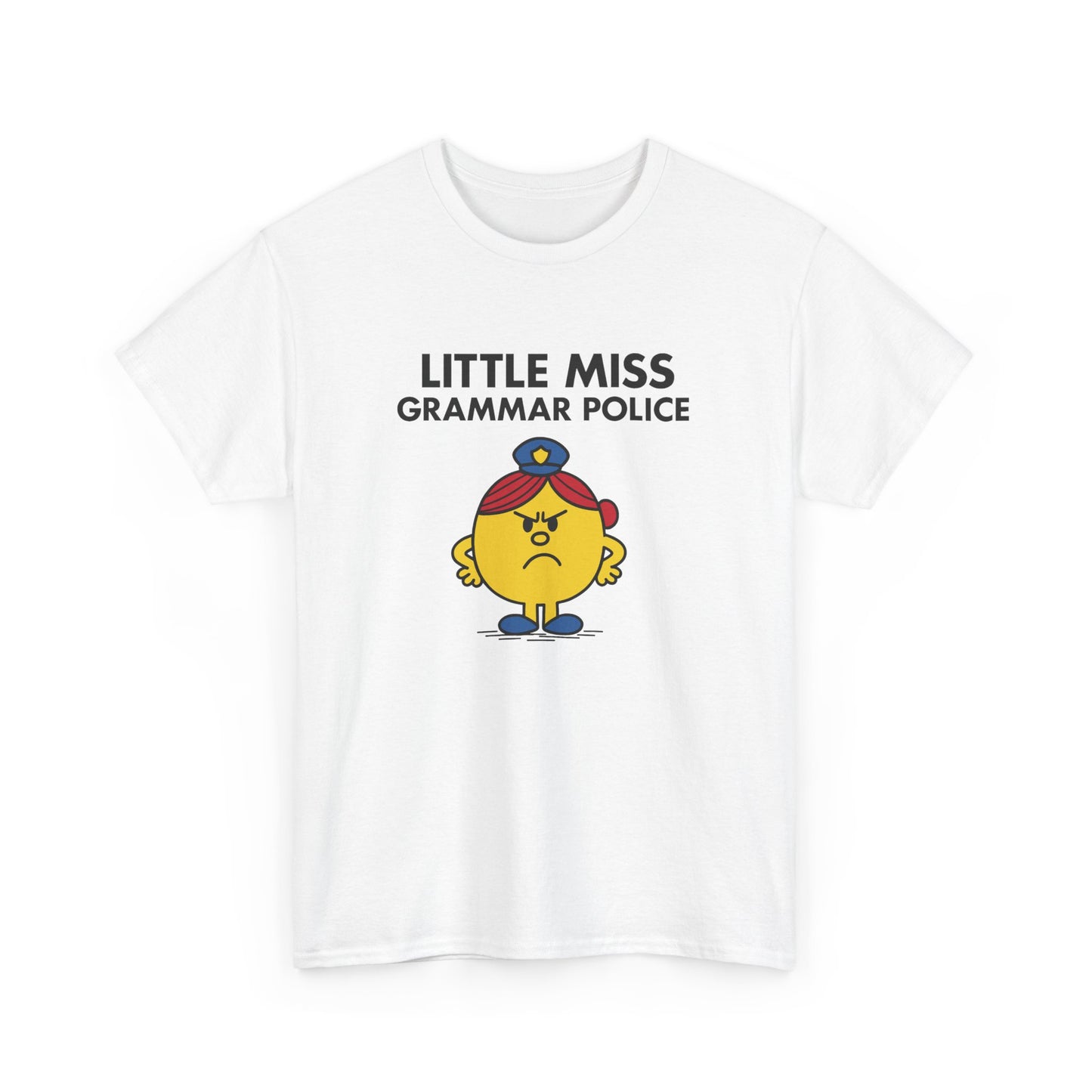 Front view of a white T-shirt featuring the Little Miss Grammar Police cartoon graphic. Part of the Little Miss Meme Character Collection. A Vivid Divergence Sensory Friendly Unisex Tee.