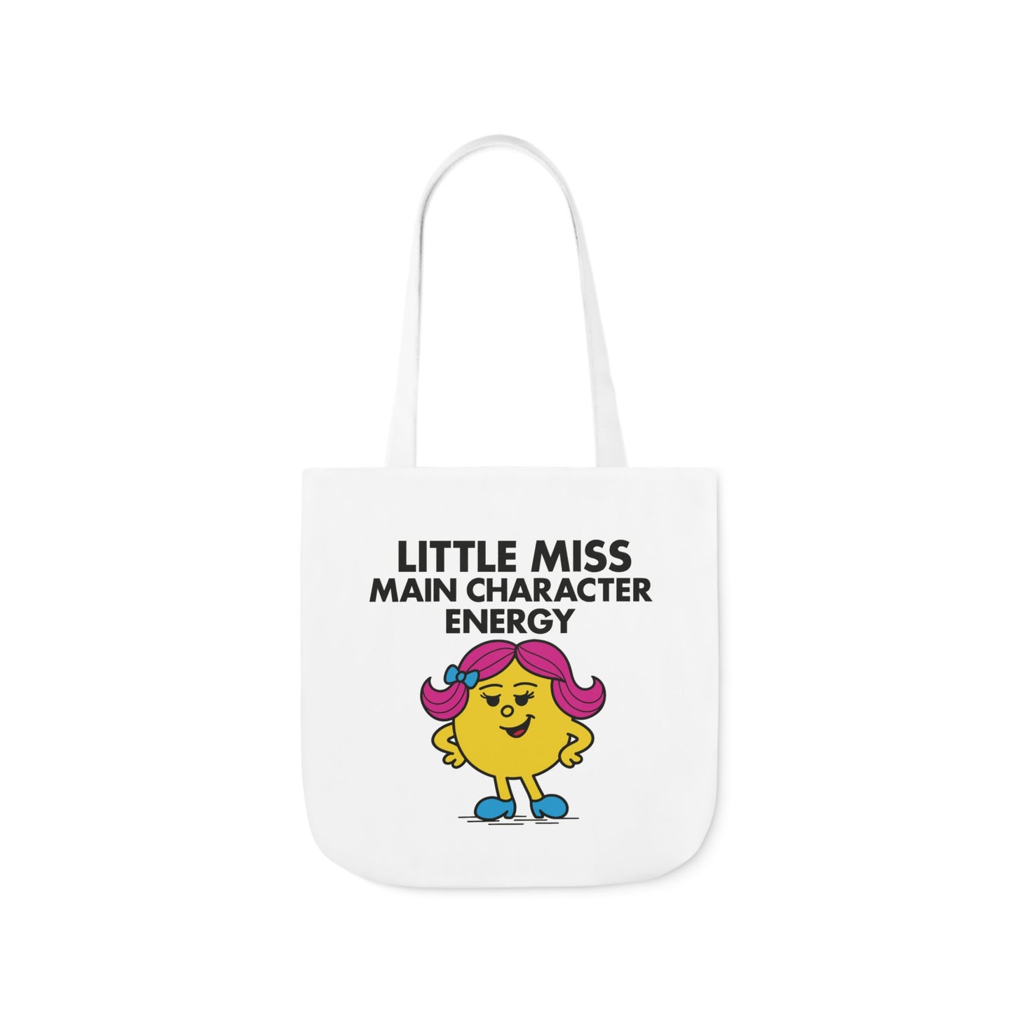 Front view of white canvas tote bag featuring pink character with bow in her hair, confidently strutting beneath the text "Little Miss Main Character Energy." Part of the Vivid Divergence Little Miss Meme Collection!